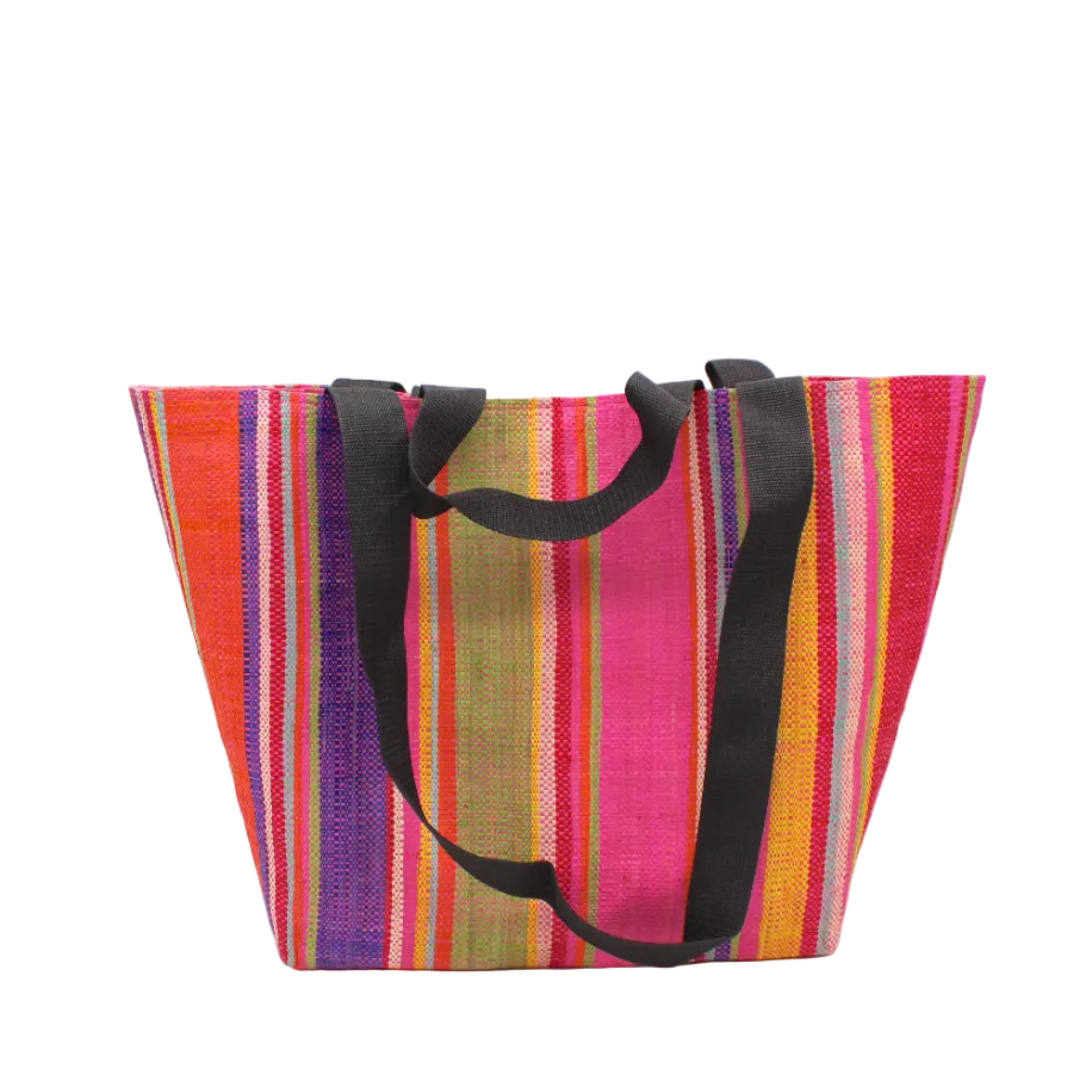 Tiburon Raspberry Swirl Straw Duffle Bag Shoulder & Handbag Combination handmade loomed natural raffia palm fiber in a multicolor vertical stripe pattern of multi width bands of orange, red, yellow, lime green, purple, fuchsia pink, coral, seafoam blue, and natural straw color, etc. with four black webbing handles sports tote bag purse - Shebobo