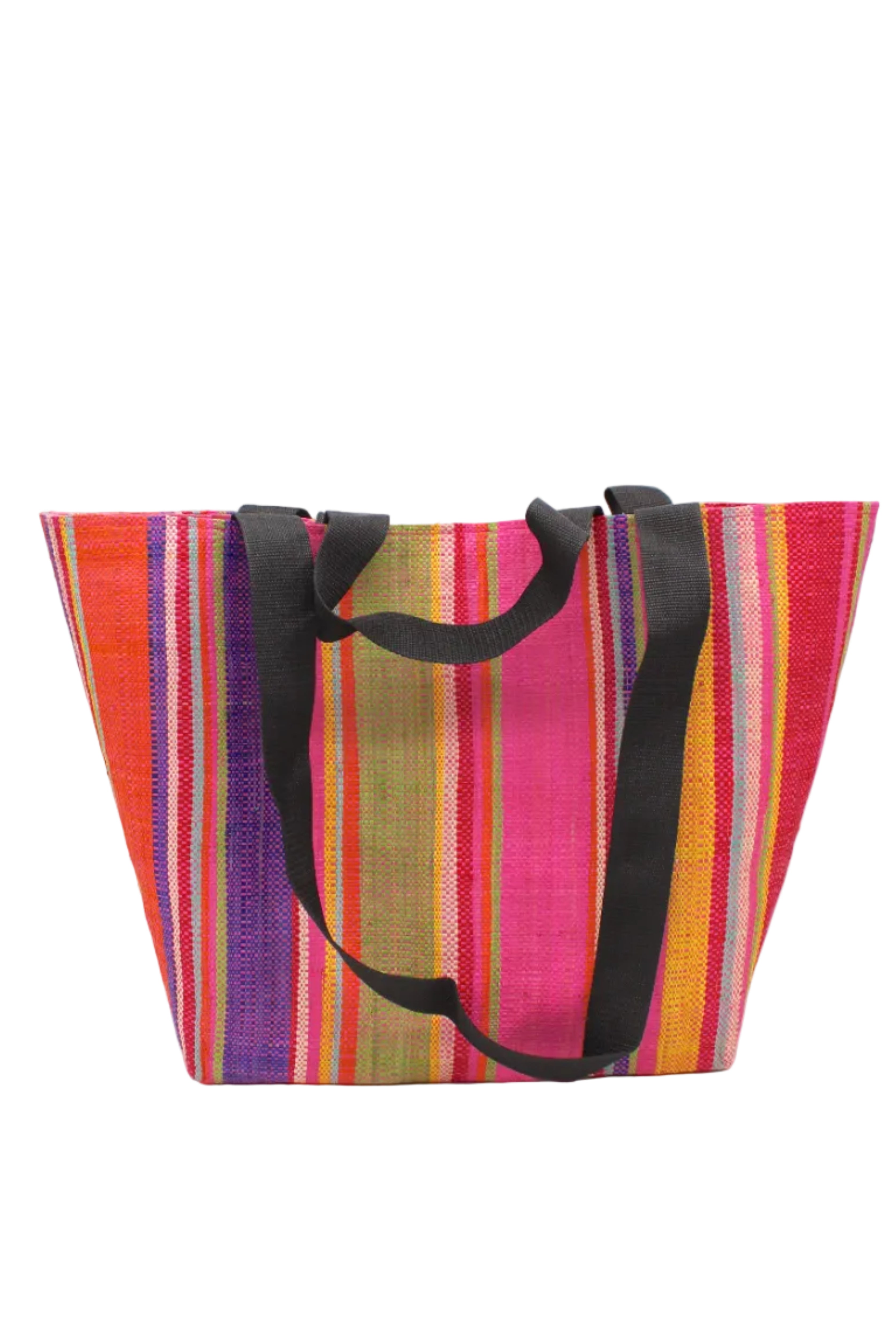 Tiburon Raspberry Swirl Straw Duffle Bag Shoulder & Handbag Combination handmade loomed natural raffia palm fiber in a multicolor vertical stripe pattern of multi width bands of orange, red, yellow, lime green, purple, fuchsia pink, coral, seafoam blue, and natural straw color, etc. with four black webbing handles sports tote bag purse - Shebobo