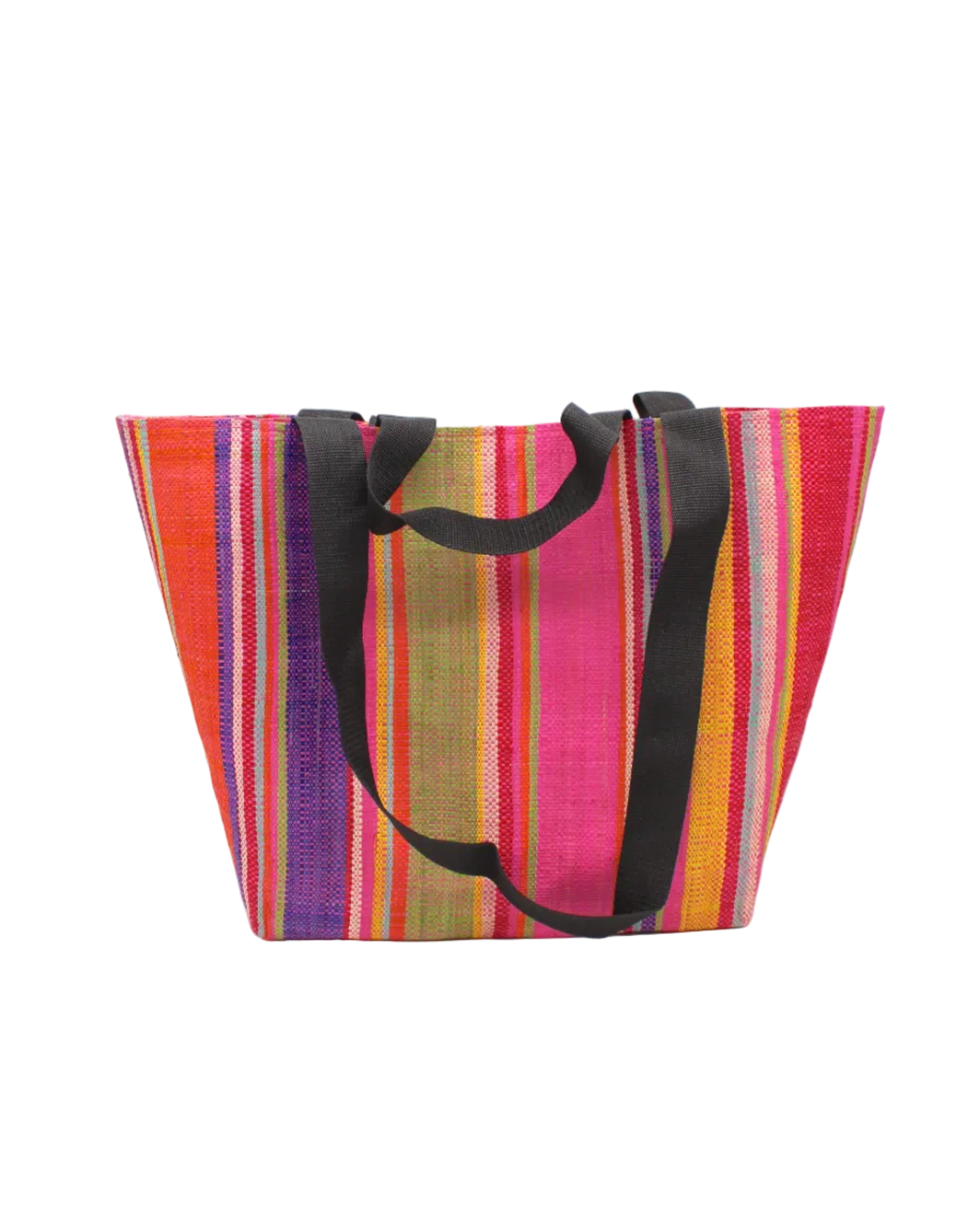 Tiburon Raspberry Swirl Straw Duffle Bag Shoulder & Handbag Combination handmade loomed natural raffia palm fiber in a multicolor vertical stripe pattern of multi width bands of orange, red, yellow, lime green, purple, fuchsia pink, coral, seafoam blue, and natural straw color, etc. with four black webbing handles sports tote bag purse - Shebobo