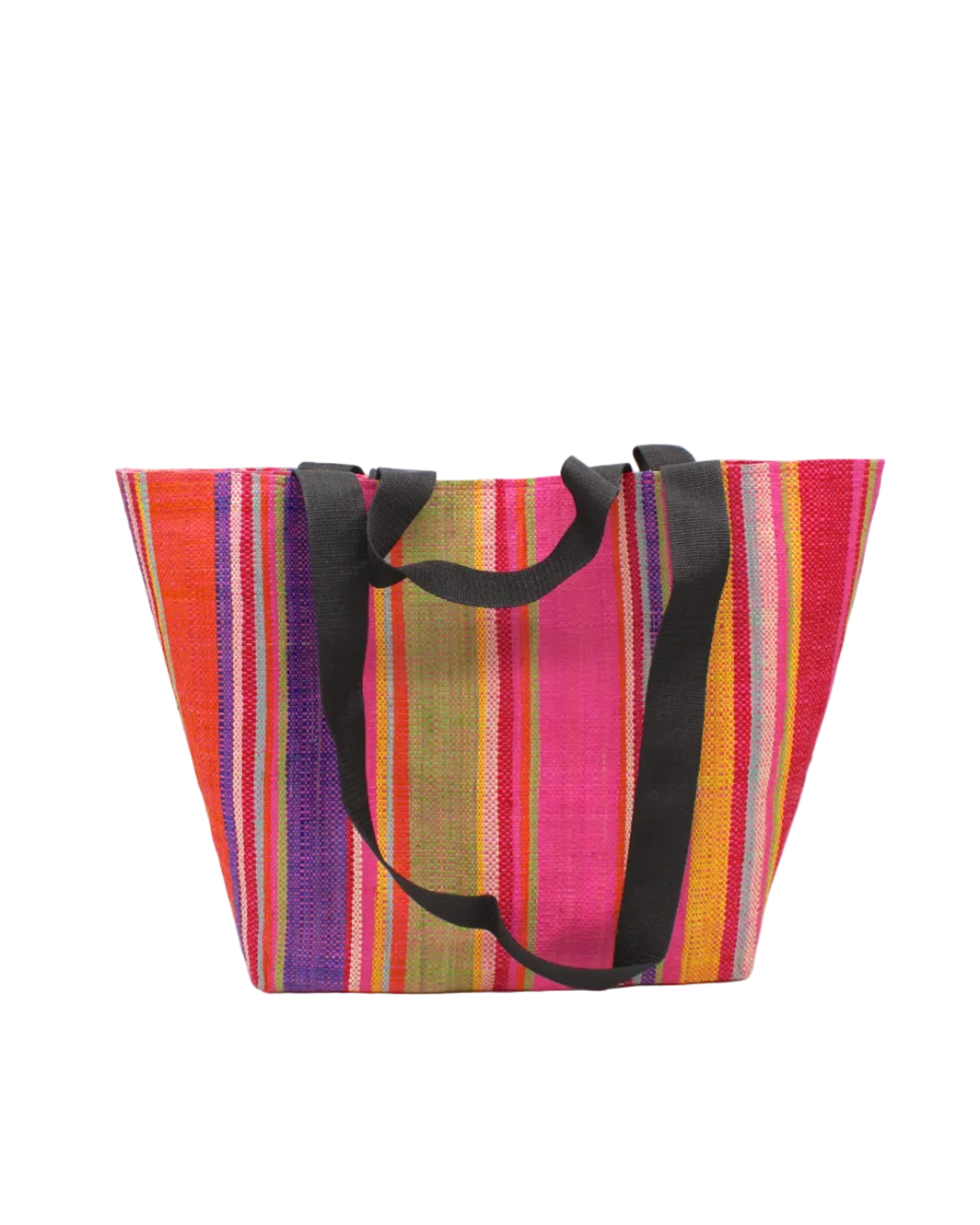 Tiburon Raspberry Swirl Straw Duffle Bag Shoulder & Handbag Combination handmade loomed natural raffia palm fiber in a multicolor vertical stripe pattern of multi width bands of orange, red, yellow, lime green, purple, fuchsia pink, coral, seafoam blue, and natural straw color, etc. with four black webbing handles sports tote bag purse - Shebobo