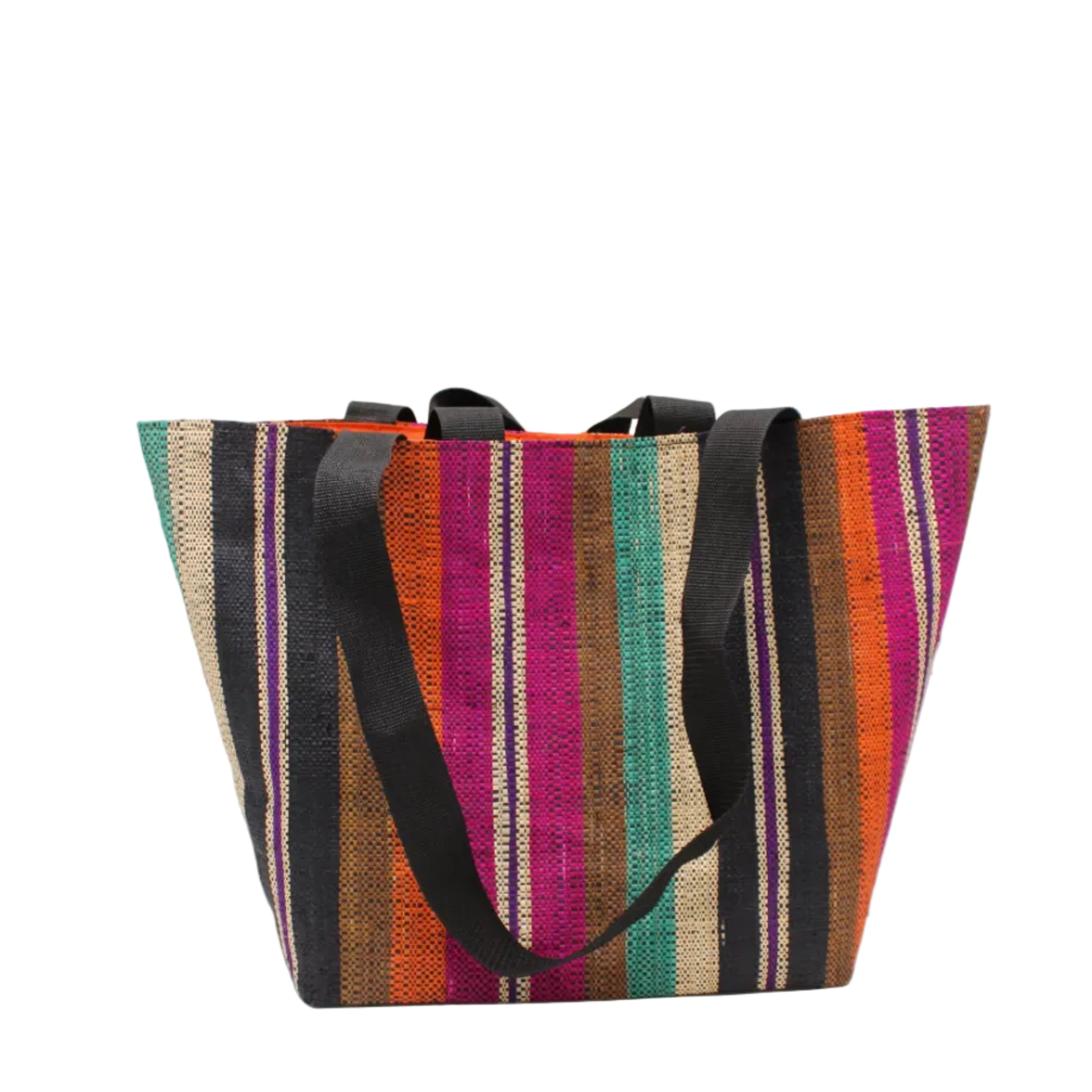 Tiburon Revel Swirl Straw Duffle Bag Shoulder & Handbag Combination handmade loomed natural raffia palm fiber in a multicolor vertical stripe pattern of multi width bands of black, fuchsia pink, coral orange/red, seafoam blue/green, tobacco brown, purple, and natural straw color, etc. with four black webbing handles sports tote bag purse - Shebobo