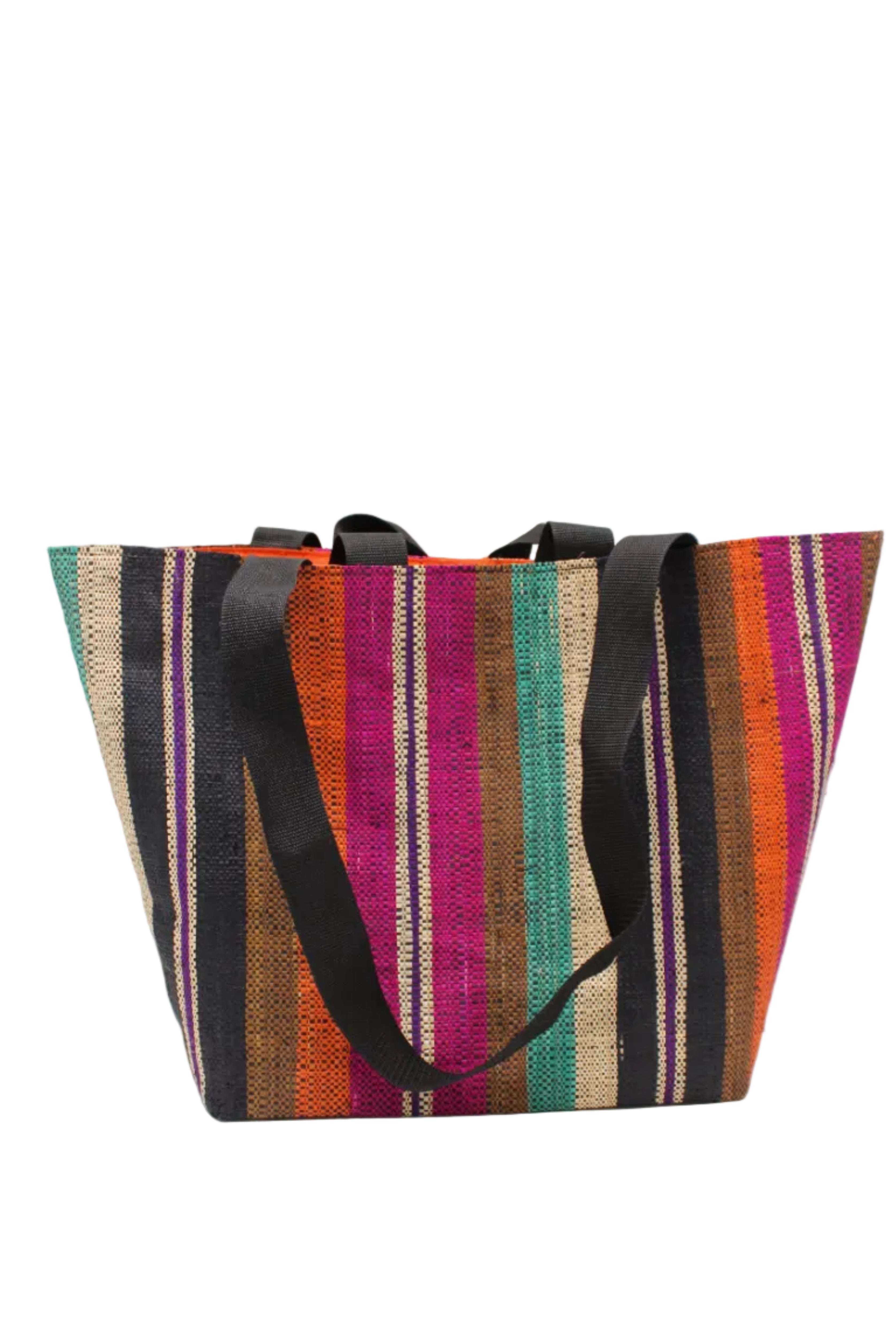Tiburon Revel Swirl Straw Duffle Bag Shoulder & Handbag Combination handmade loomed natural raffia palm fiber in a multicolor vertical stripe pattern of multi width bands of black, fuchsia pink, coral orange/red, seafoam blue/green, tobacco brown, purple, and natural straw color, etc. with four black webbing handles sports tote bag purse - Shebobo