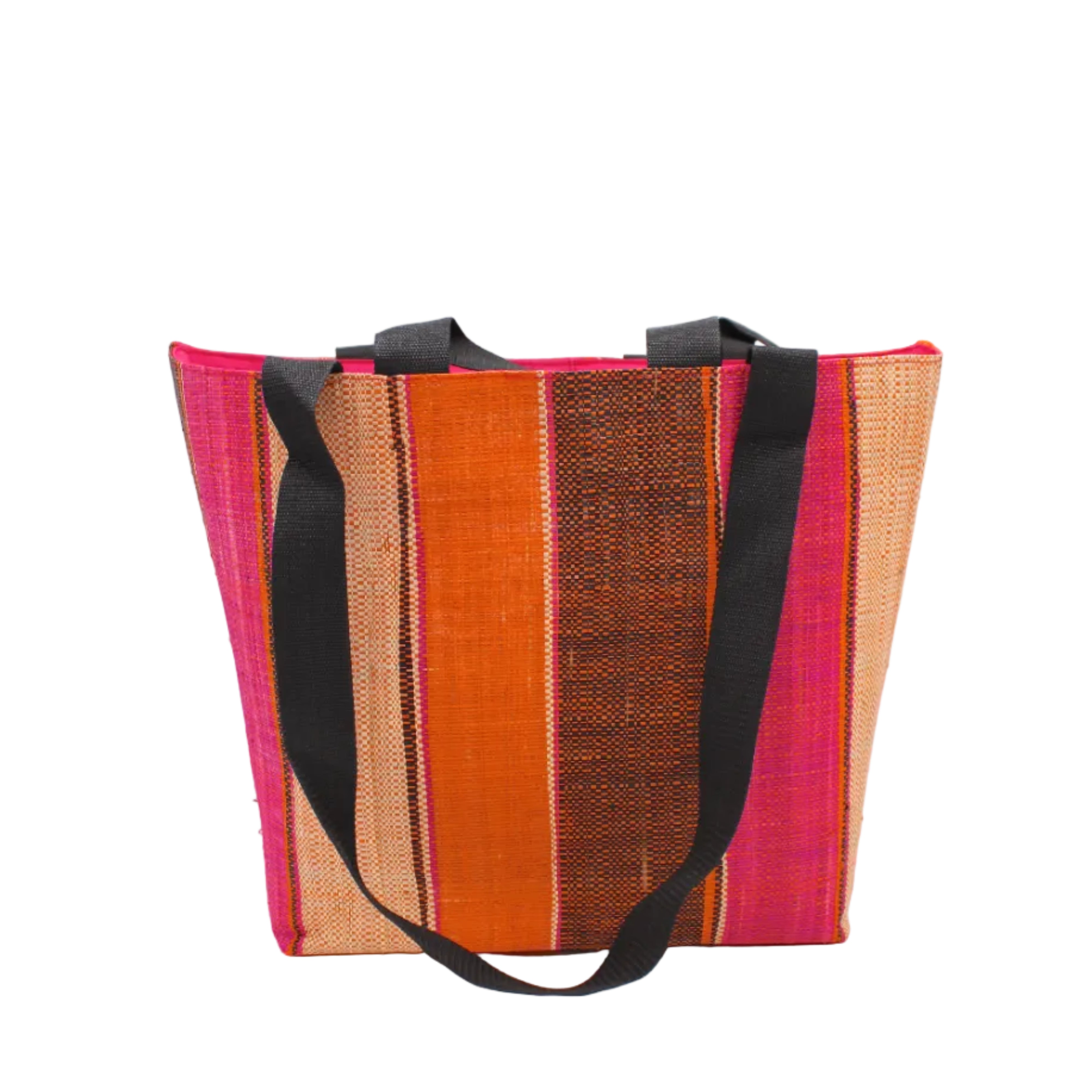 Tiburon Whimsy Swirl Straw Duffle Bag Shoulder & Handbag Combination handmade loomed natural raffia palm fiber in a multicolor vertical stripe pattern of multi width bands of black, fuchsia pink, coral orange/red, and natural straw color, etc. with four black webbing handles sports tote bag purse - Shebobo