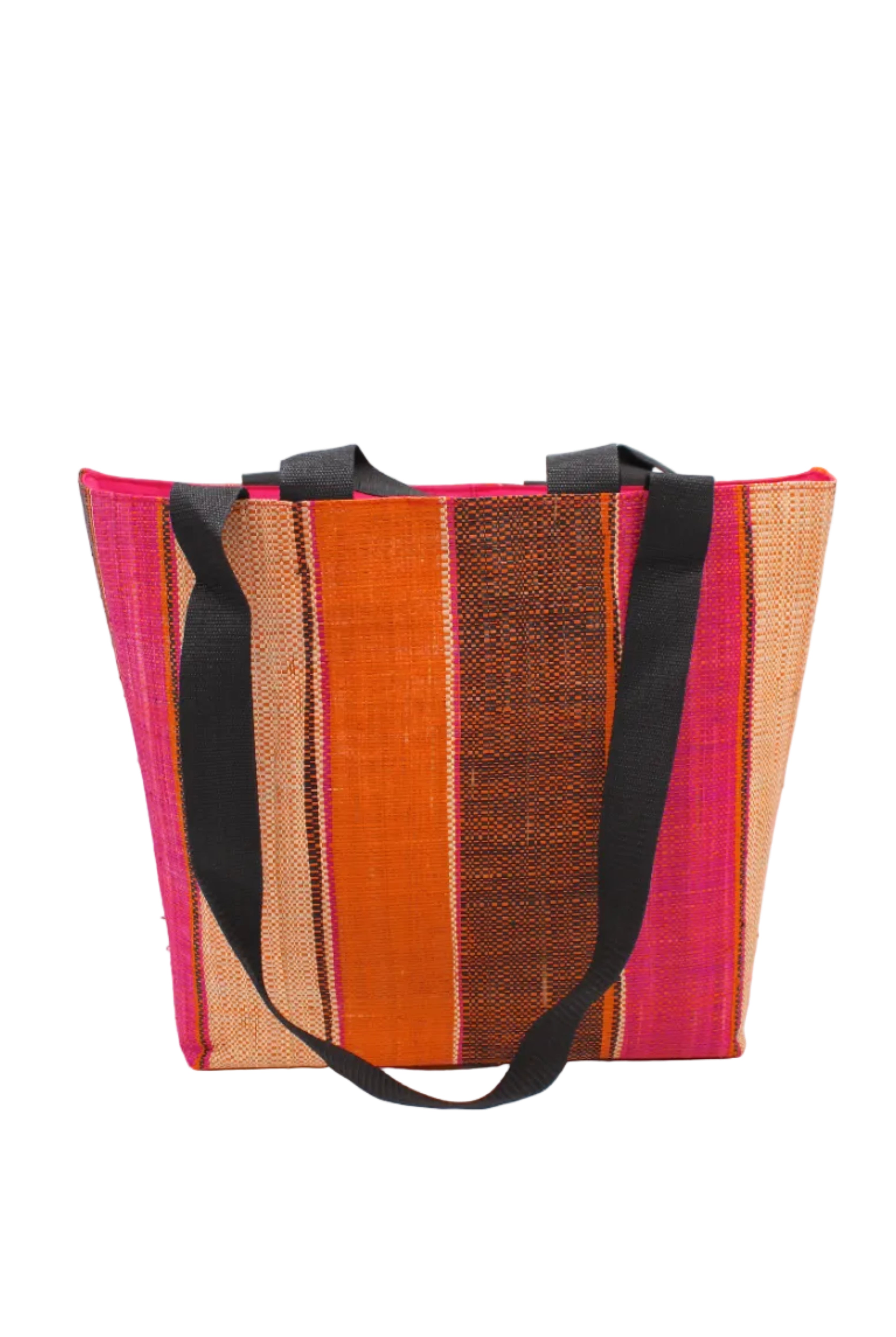 Tiburon Whimsy Swirl Straw Duffle Bag Shoulder & Handbag Combination handmade loomed natural raffia palm fiber in a multicolor vertical stripe pattern of multi width bands of black, fuchsia pink, coral orange/red, and natural straw color, etc. with four black webbing handles sports tote bag purse - Shebobo