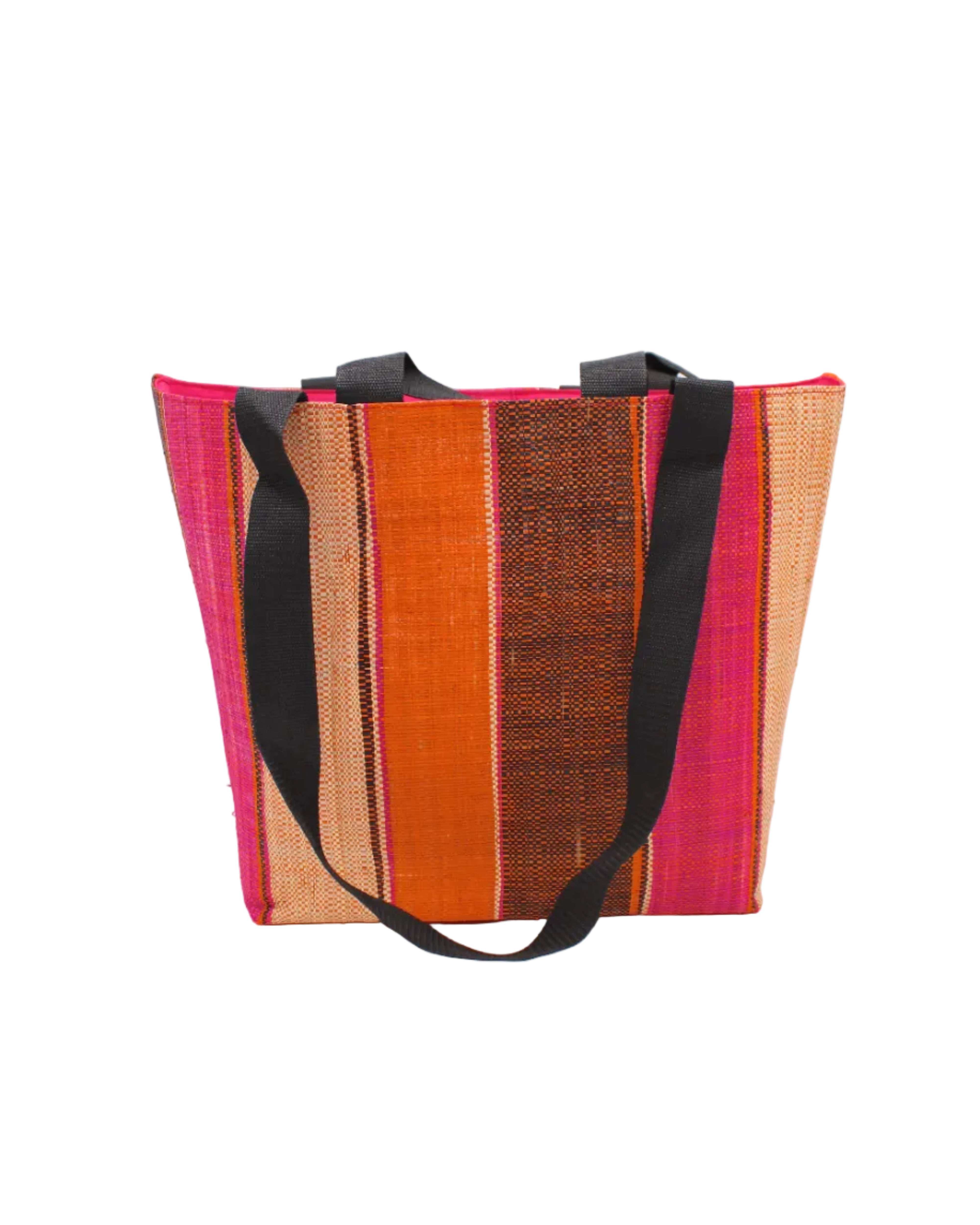 Tiburon Whimsy Swirl Straw Duffle Bag Shoulder & Handbag Combination handmade loomed natural raffia palm fiber in a multicolor vertical stripe pattern of multi width bands of black, fuchsia pink, coral orange/red, and natural straw color, etc. with four black webbing handles sports tote bag purse - Shebobo