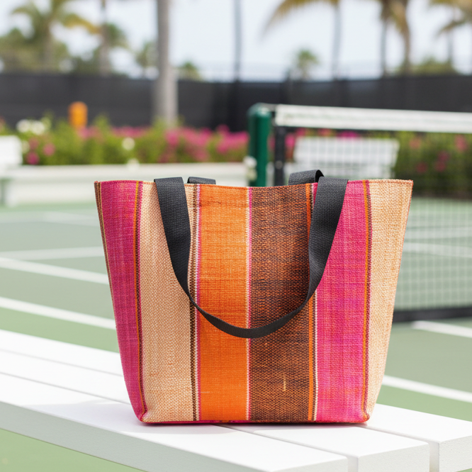 Lifestyle view Tiburon Whimsy Swirl Straw Duffle Bag Shoulder & Handbag Combination handmade loomed natural raffia palm fiber in a multicolor vertical stripe pattern of multi width bands of black, fuchsia pink, coral orange/red, and natural straw color, etc. with four black webbing handles sports tote bag purse - Shebobo