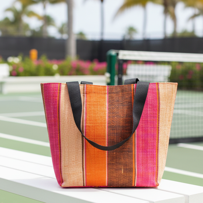 Lifestyle view Tiburon Whimsy Swirl Straw Duffle Bag Shoulder & Handbag Combination handmade loomed natural raffia palm fiber in a multicolor vertical stripe pattern of multi width bands of black, fuchsia pink, coral orange/red, and natural straw color, etc. with four black webbing handles sports tote bag purse - Shebobo