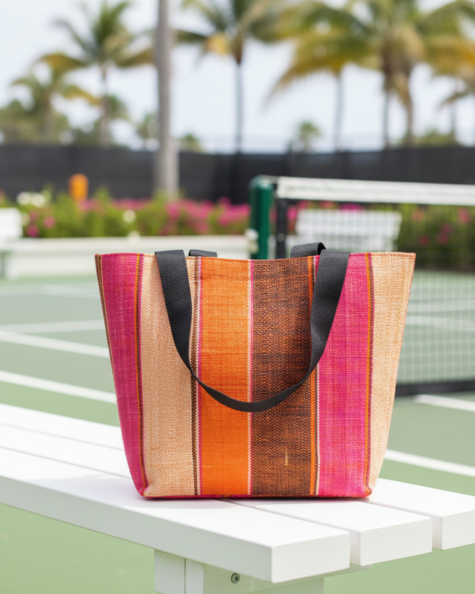 Lifestyle view Tiburon Whimsy Swirl Straw Duffle Bag Shoulder & Handbag Combination handmade loomed natural raffia palm fiber in a multicolor vertical stripe pattern of multi width bands of black, fuchsia pink, coral orange/red, and natural straw color, etc. with four black webbing handles sports tote bag purse - Shebobo