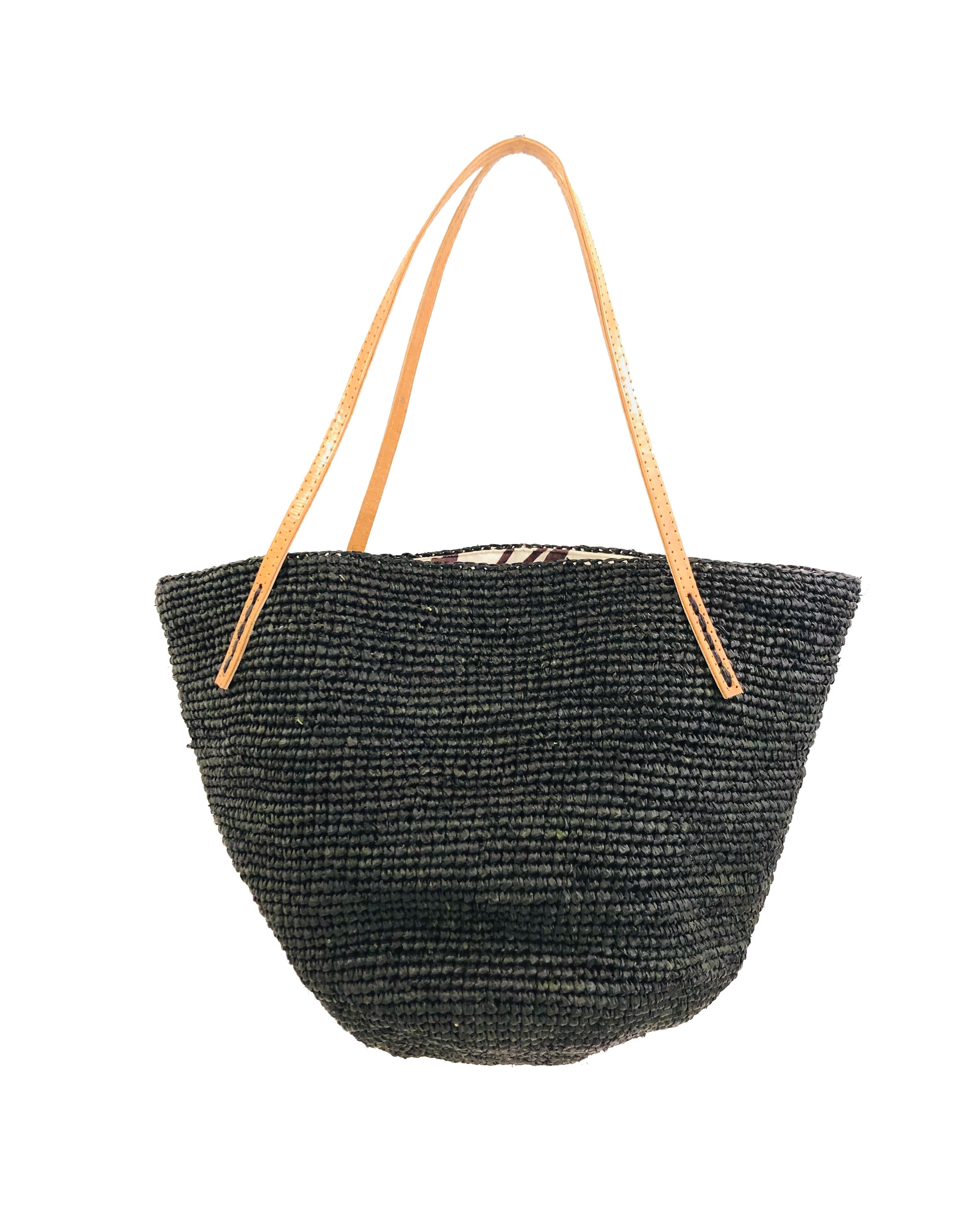Tika black hand crochet raffia straw handbag purse with leather handles bag - Shebobo