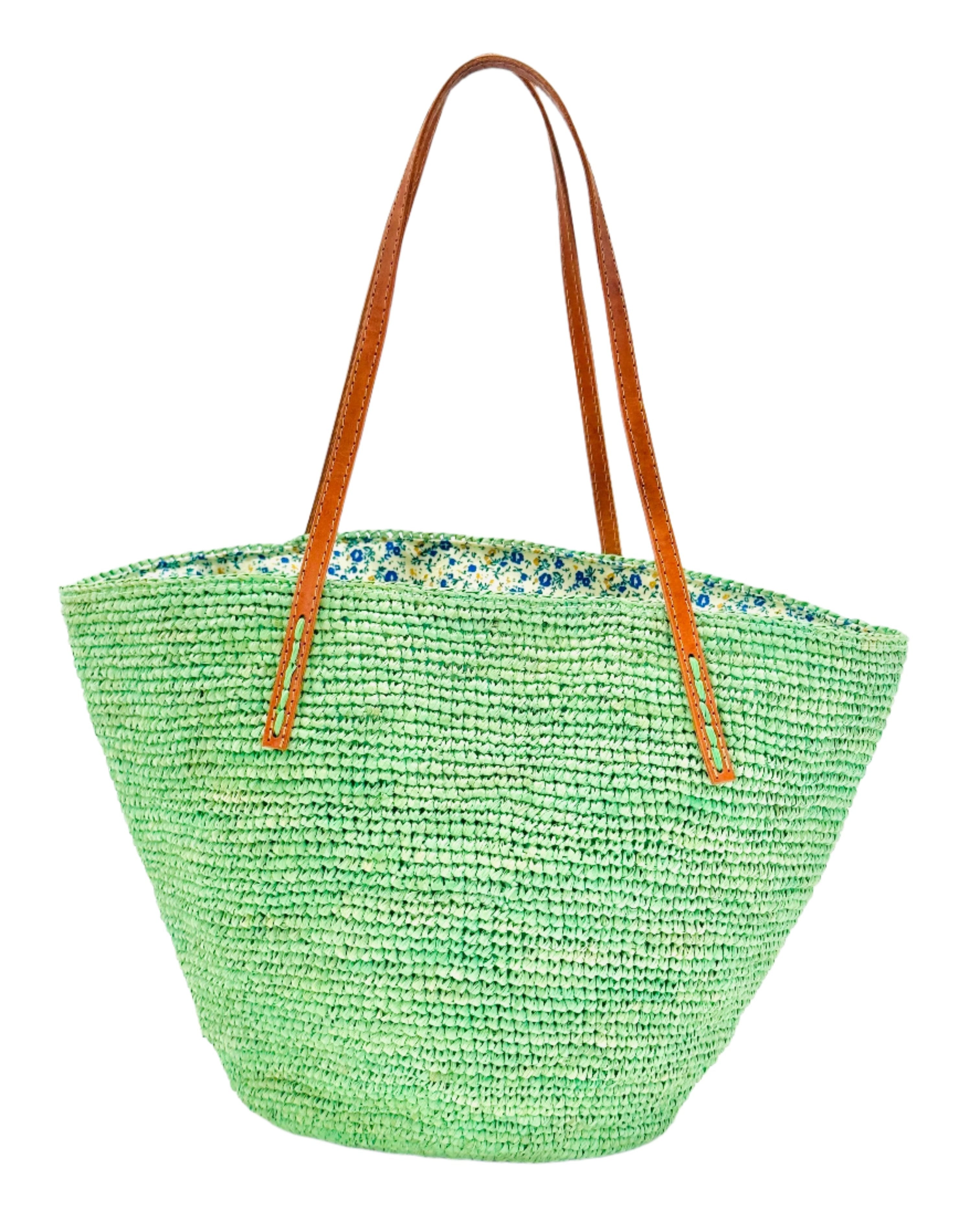 Tika mint green hand crochet raffia straw handbag purse with leather handles bag - Shebobo