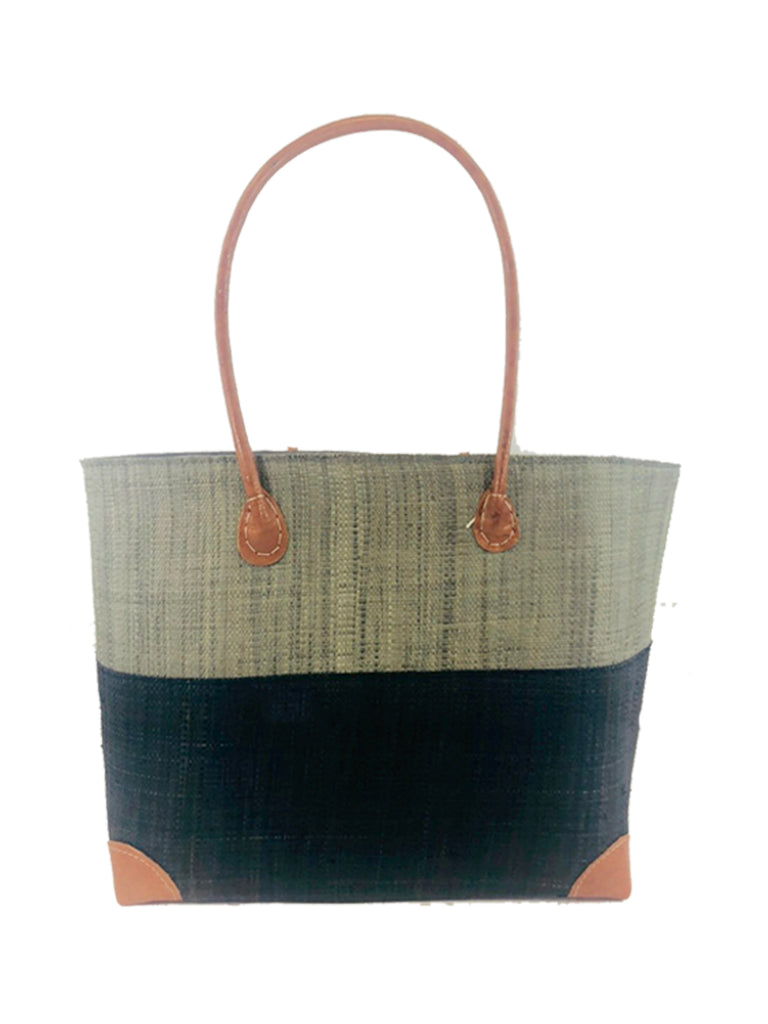Trinidad Two Tone Straw Basket Bag handmade loomed raffia handbag with the top half solid grey and the bottom half solid black - Shebobo