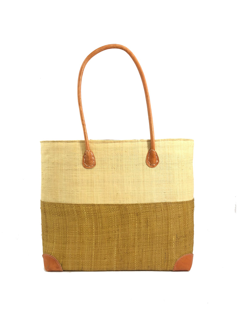 Trinidad Two Tone Straw Basket Bag handmade loomed raffia handbag with the top half solid natural straw color and the bottom half solid cinnamon/tobacco/brown - Shebobo