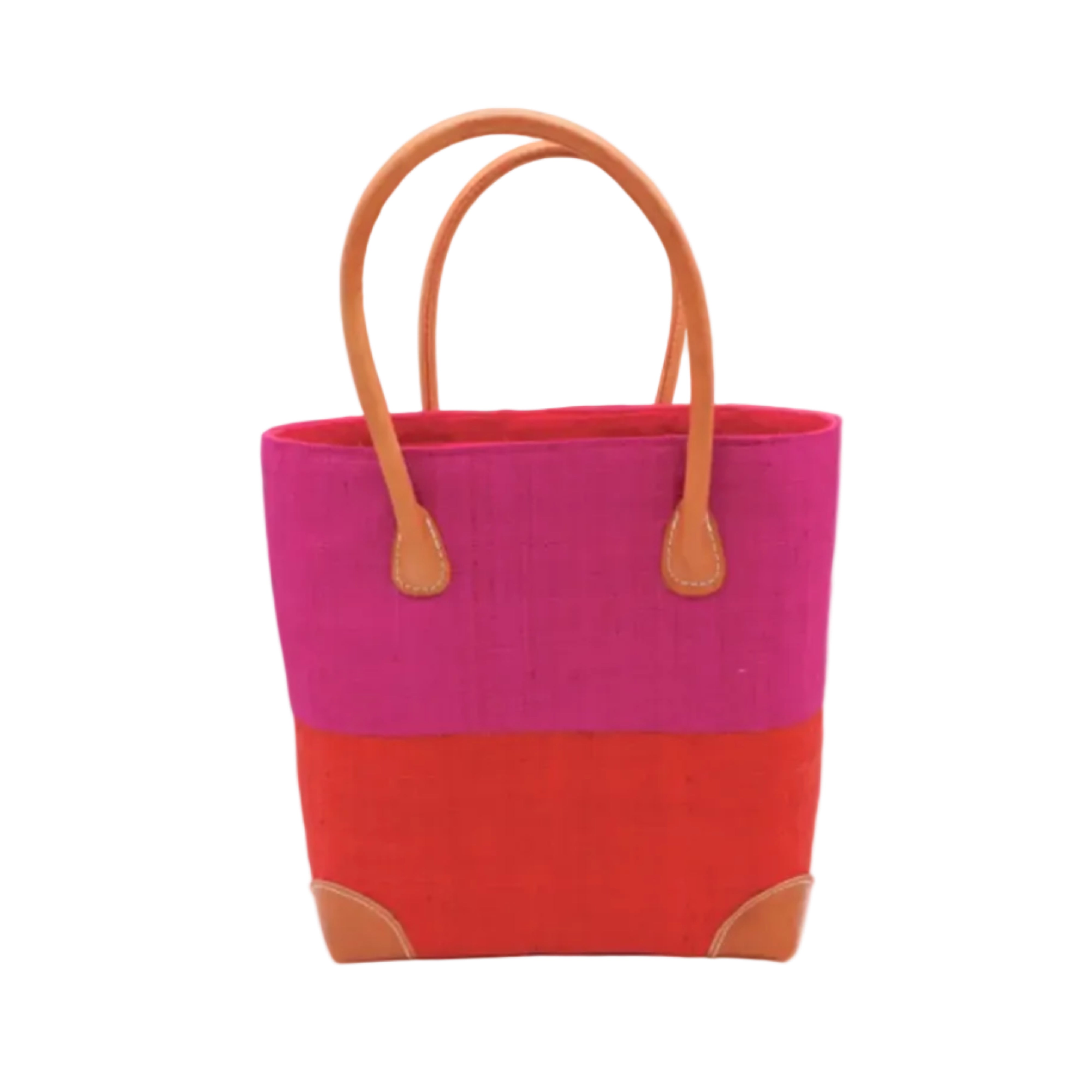 Trinidad Fuchsia and Coral Two Tone Straw Basket Bag handmade loomed raffia palm fiber in a two tone color block pattern with coral orange/red on the bottom half and fuchsia hot/bright/barbie/pink on the top half of the bag with leather handles and accents beach bag tote purse - Shebobo