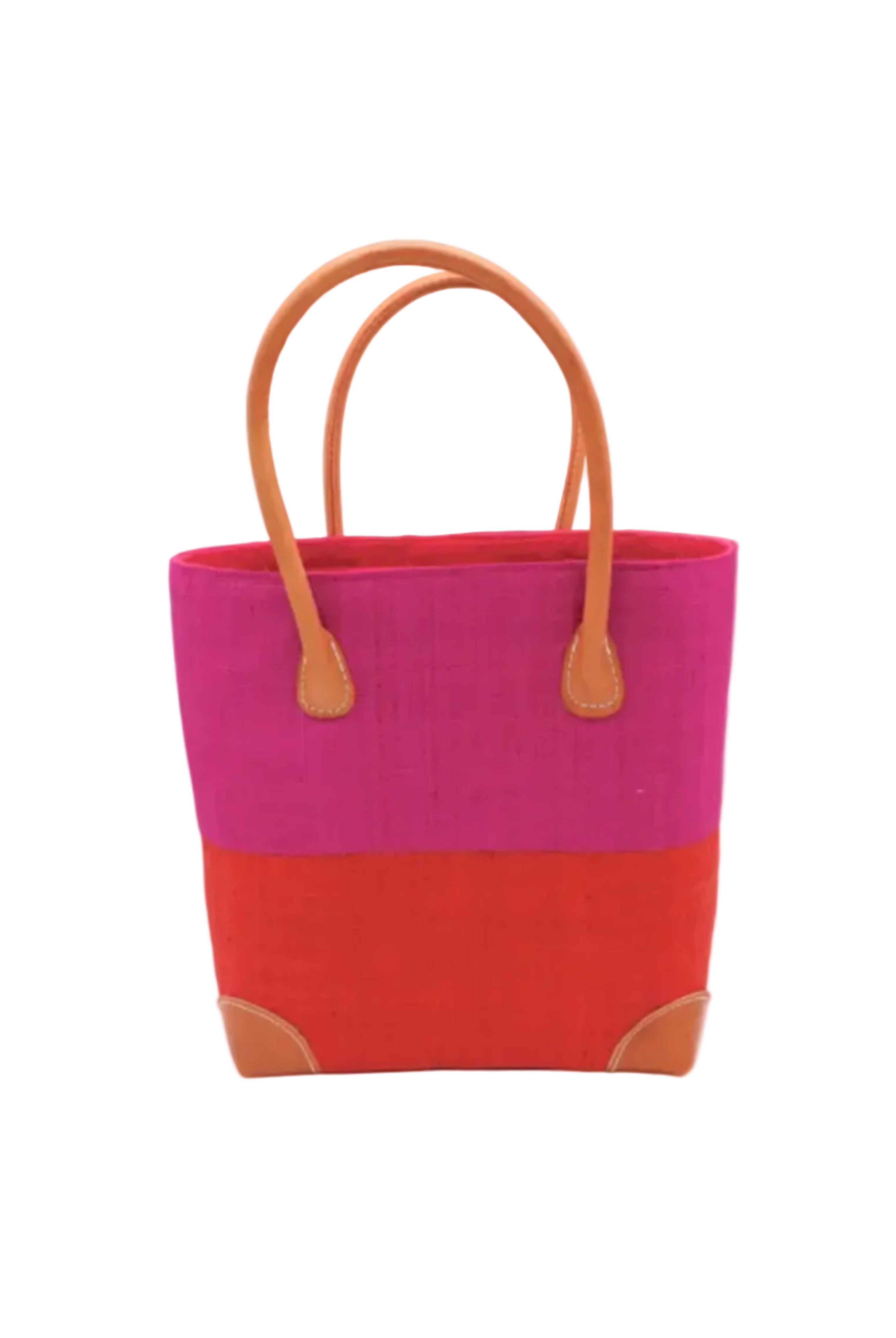 Trinidad Fuchsia and Coral Two Tone Straw Basket Bag handmade loomed raffia palm fiber in a two tone color block pattern with coral orange/red on the bottom half and fuchsia hot/bright/barbie/pink on the top half of the bag with leather handles and accents beach bag tote purse - Shebobo