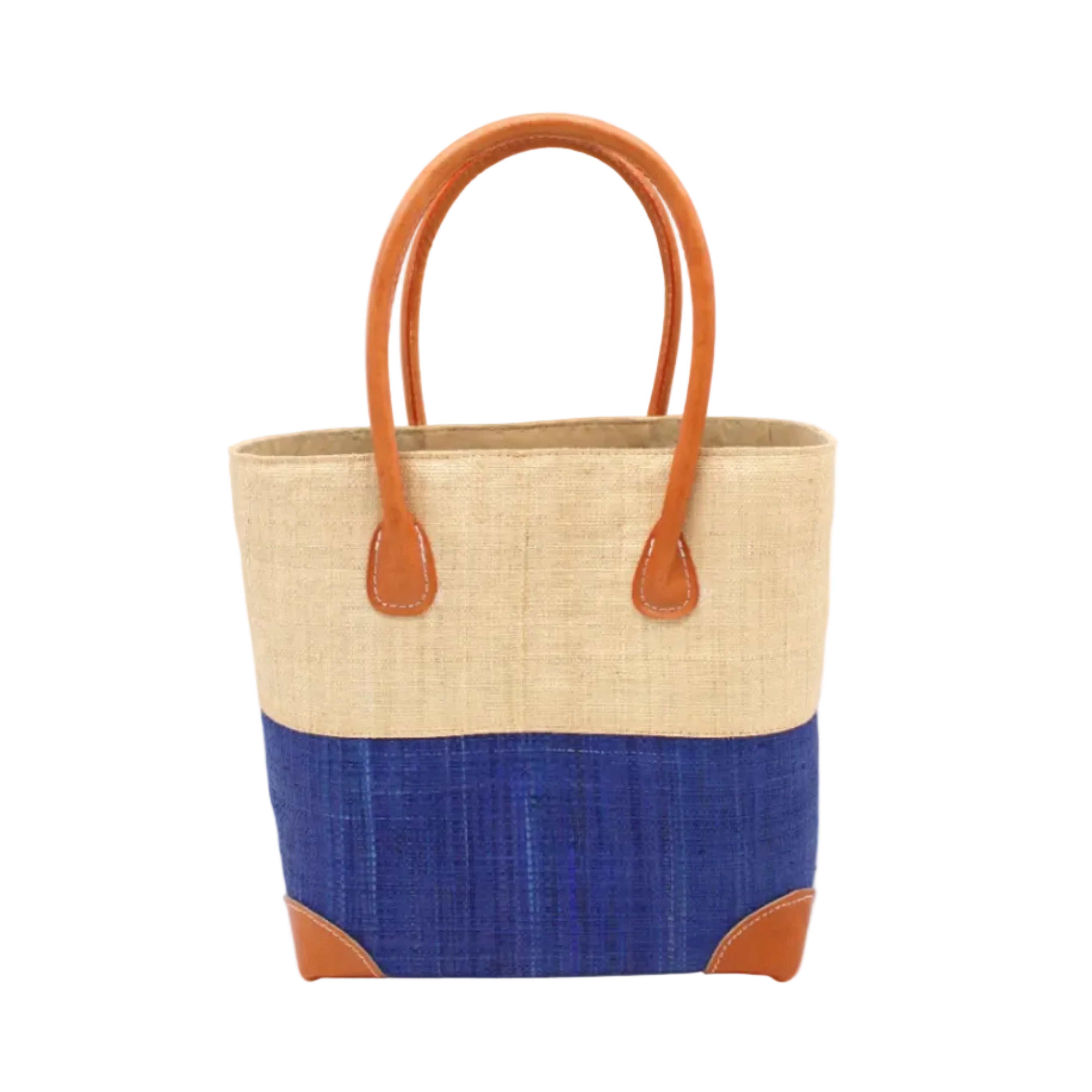 Trinidad Natural and Azure Two Tone Straw Basket Bag handmade loomed raffia palm fiber in a two tone color block pattern with Azure dark/dusk/navy/blue on the bottom half and natural straw color on the top half of the bag with leather handles and accents beach bag tote purse - Shebobo