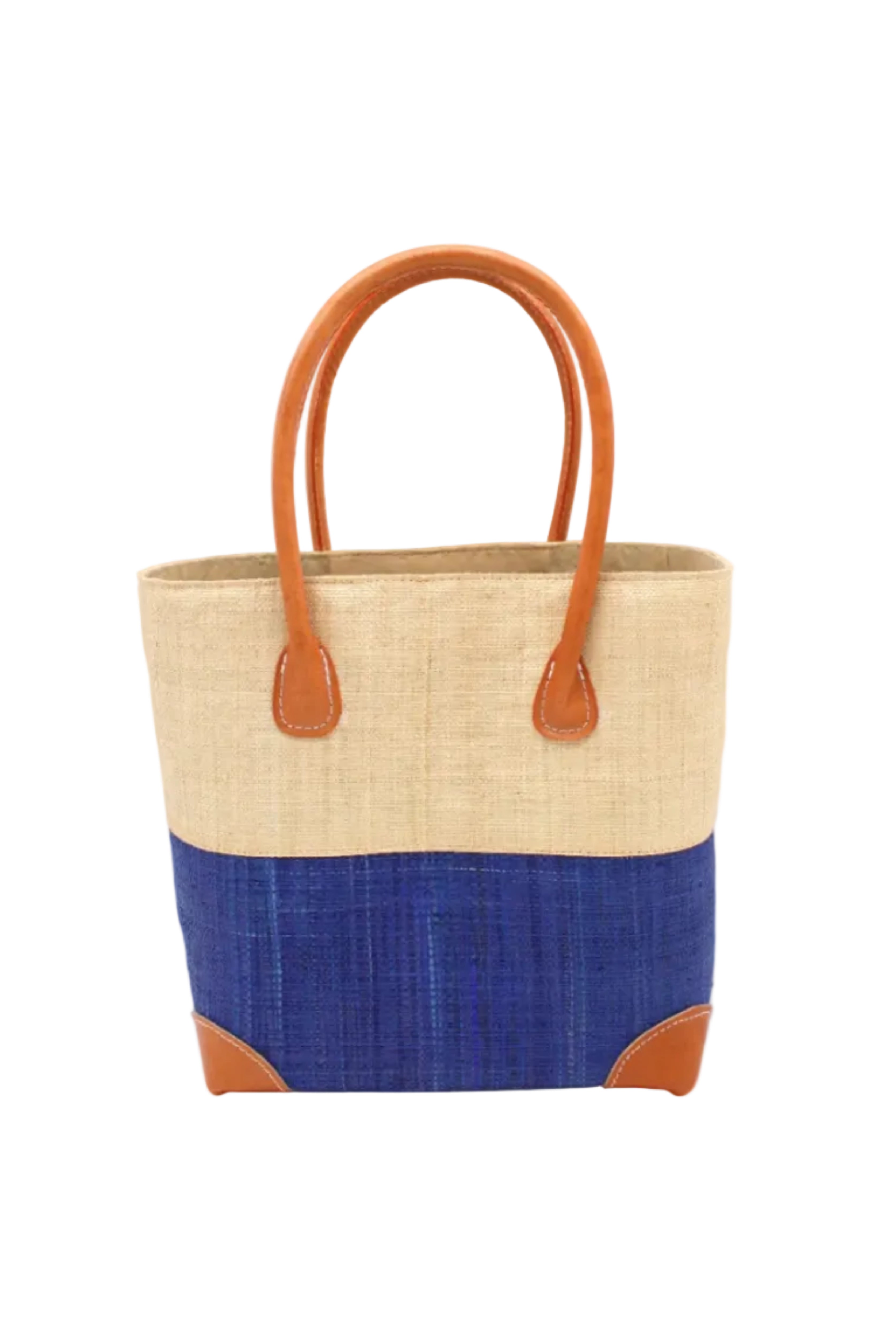 Trinidad Natural and Azure Two Tone Straw Basket Bag handmade loomed raffia palm fiber in a two tone color block pattern with Azure dark/dusk/navy/blue on the bottom half and natural straw color on the top half of the bag with leather handles and accents beach bag tote purse - Shebobo