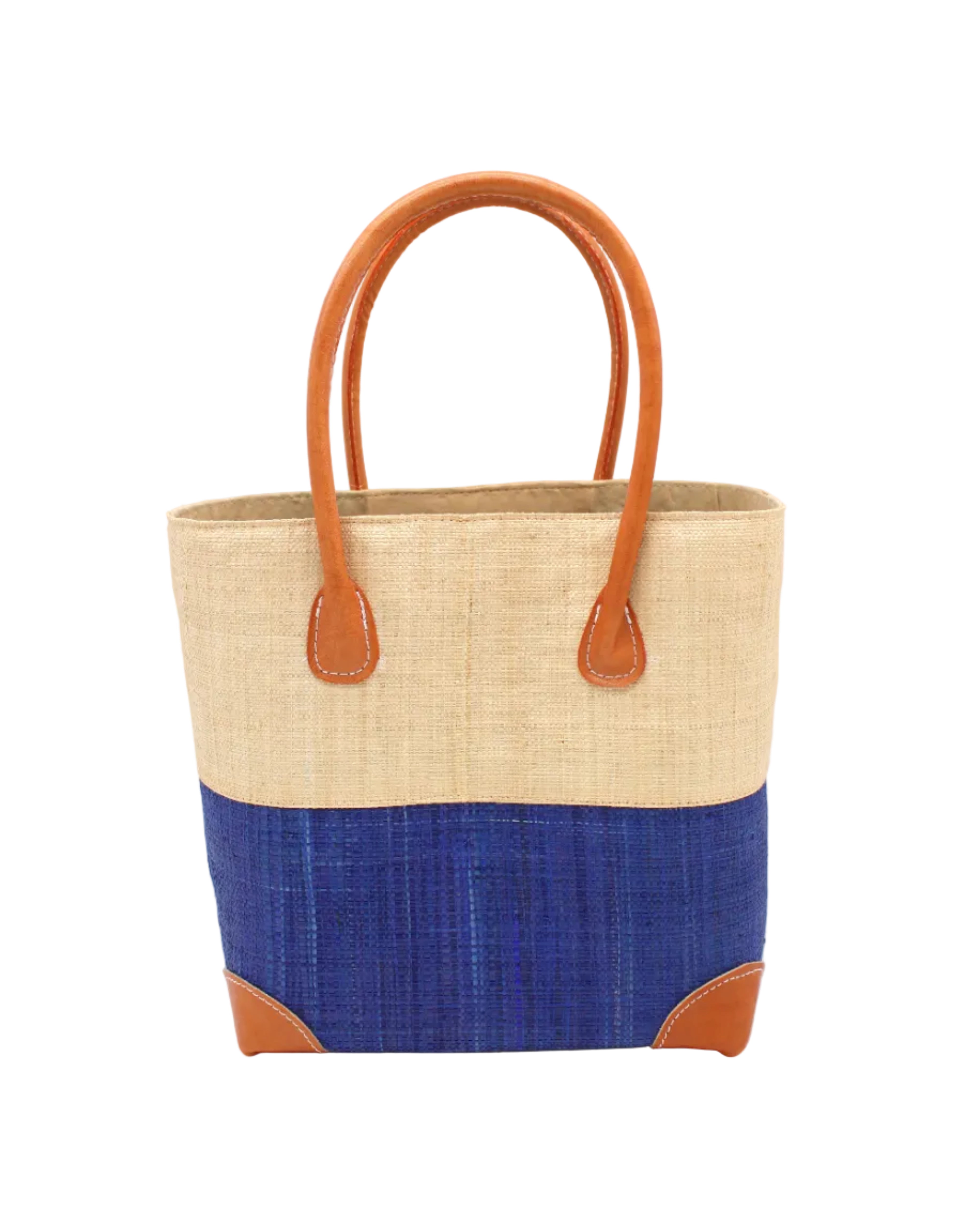 Trinidad Natural and Azure Two Tone Straw Basket Bag handmade loomed raffia palm fiber in a two tone color block pattern with Azure dark/dusk/navy/blue on the bottom half and natural straw color on the top half of the bag with leather handles and accents beach bag tote purse - Shebobo