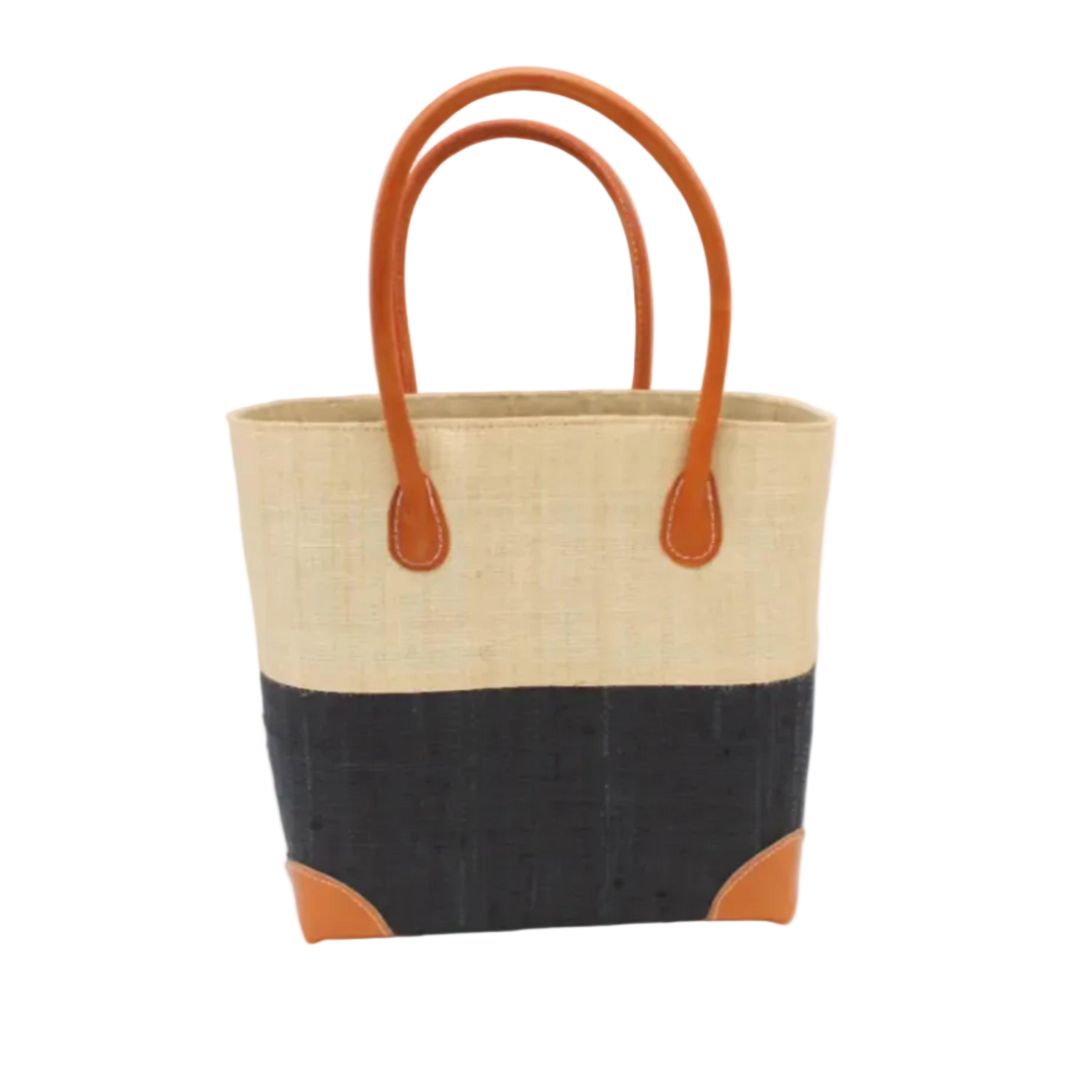 Trinidad Natural and Black Two Tone Straw Basket Bag handmade loomed raffia palm fiber in a two tone color block pattern with black on the bottom half and natural straw color on the top half of the bag with leather handles and accents beach bag tote purse - Shebobo