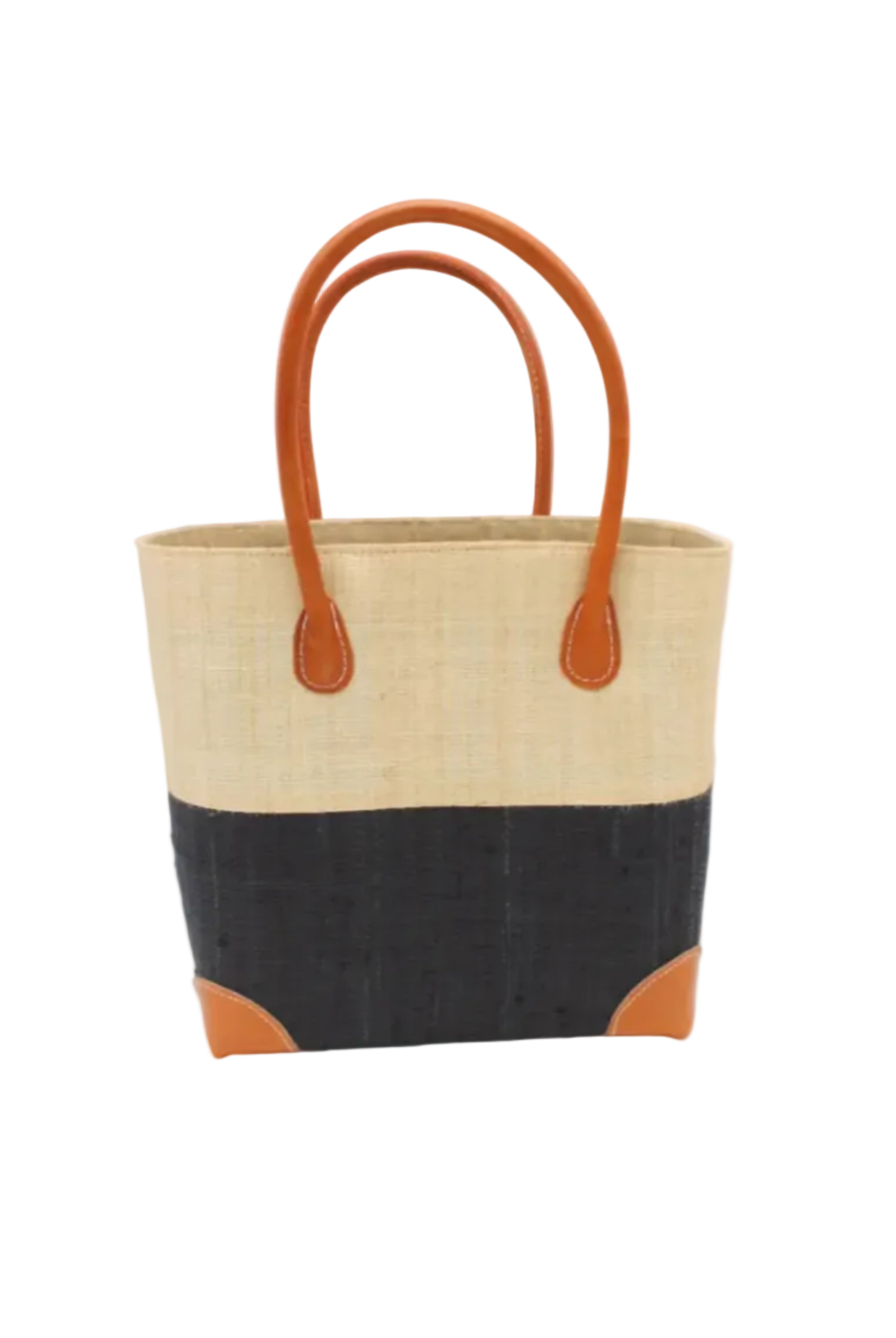 Trinidad Natural and Black Two Tone Straw Basket Bag handmade loomed raffia palm fiber in a two tone color block pattern with black on the bottom half and natural straw color on the top half of the bag with leather handles and accents beach bag tote purse - Shebobo