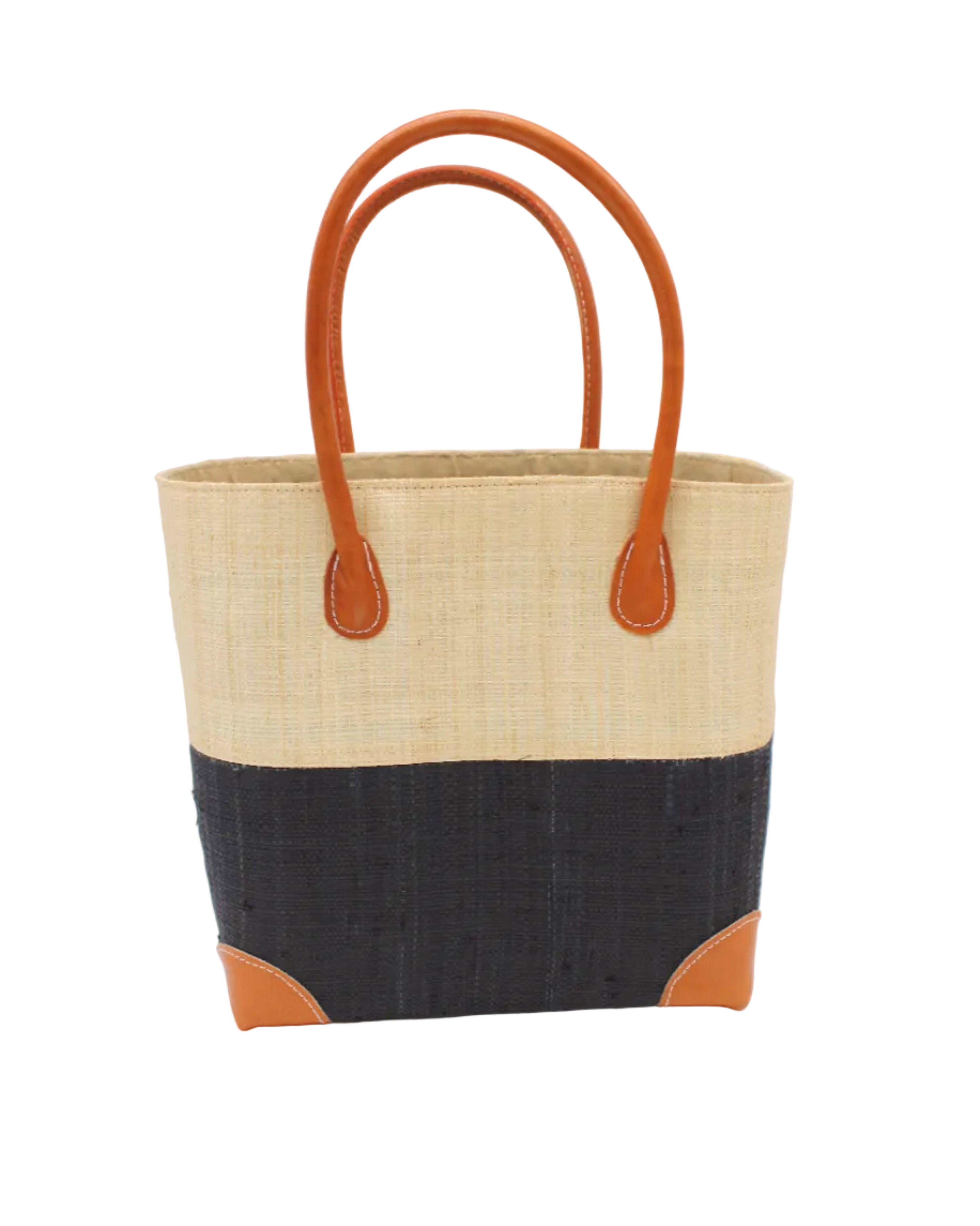 Trinidad Natural and Black Two Tone Straw Basket Bag handmade loomed raffia palm fiber in a two tone color block pattern with black on the bottom half and natural straw color on the top half of the bag with leather handles and accents beach bag tote purse - Shebobo