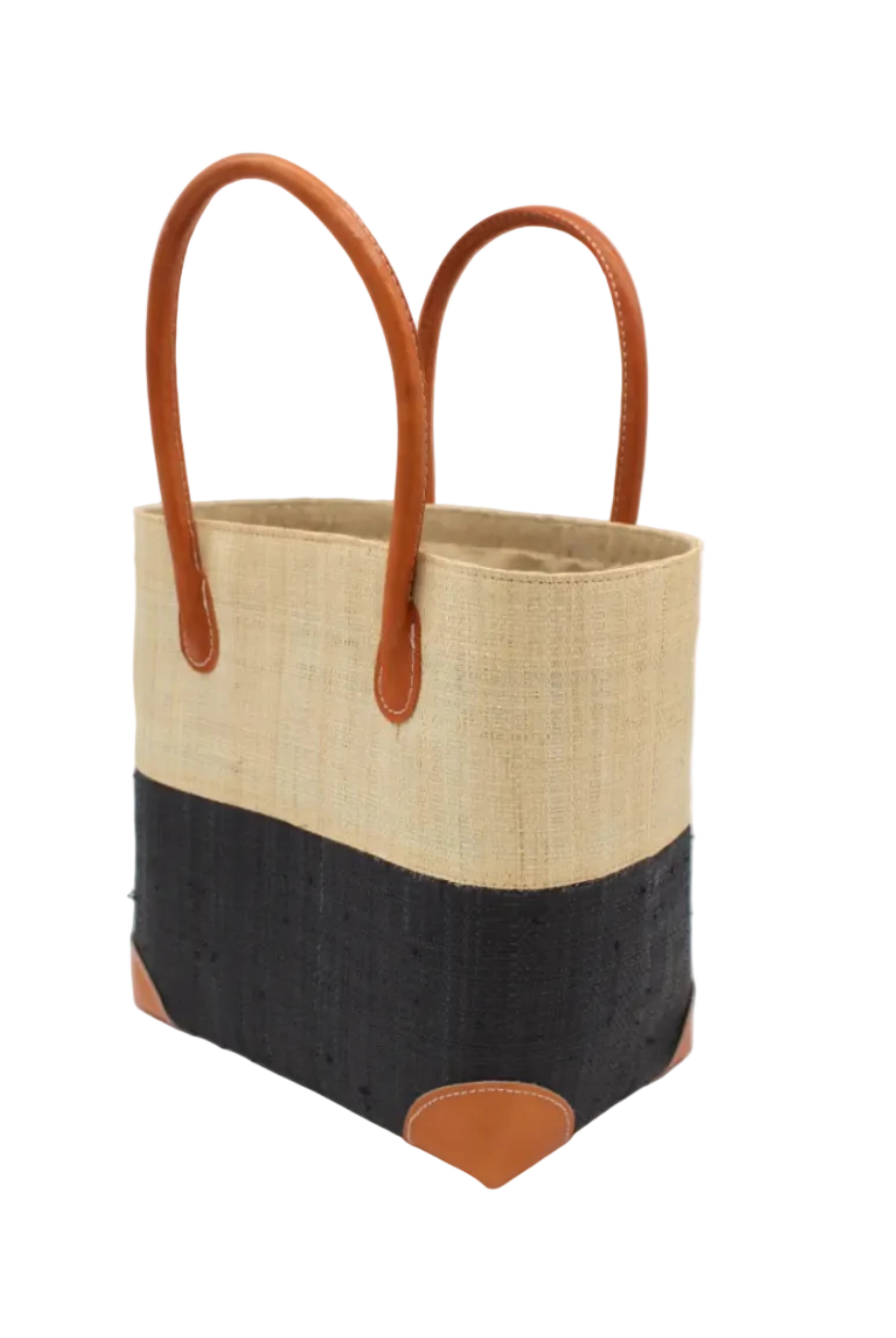 Trinidad Natural and Black Two Tone Straw Basket Bag handmade loomed raffia palm fiber in a two tone color block pattern with black on the bottom half and natural straw color on the top half of the bag with leather handles and accents beach bag tote purse - Shebobo