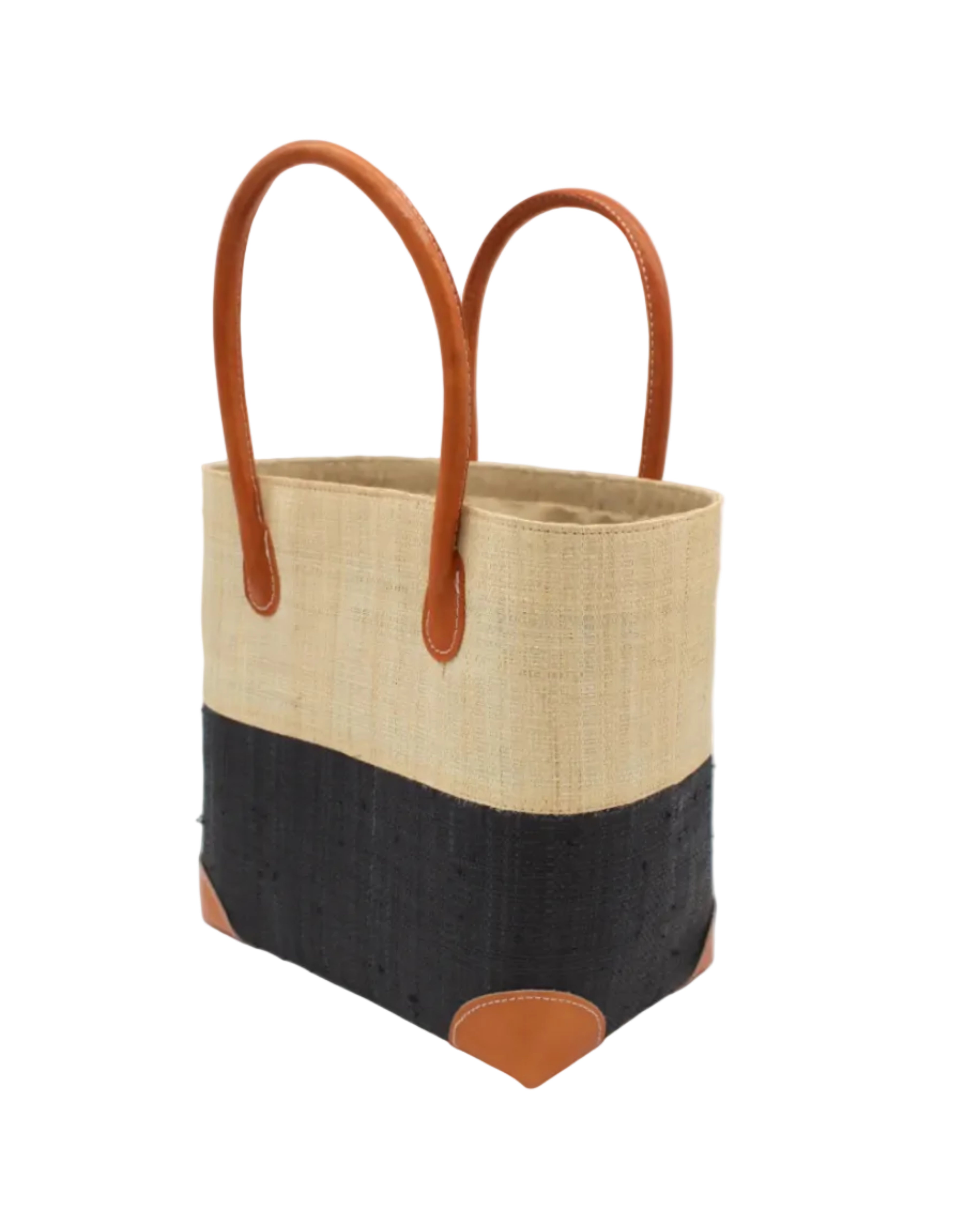 Trinidad Natural and Black Two Tone Straw Basket Bag handmade loomed raffia palm fiber in a two tone color block pattern with black on the bottom half and natural straw color on the top half of the bag with leather handles and accents beach bag tote purse - Shebobo
