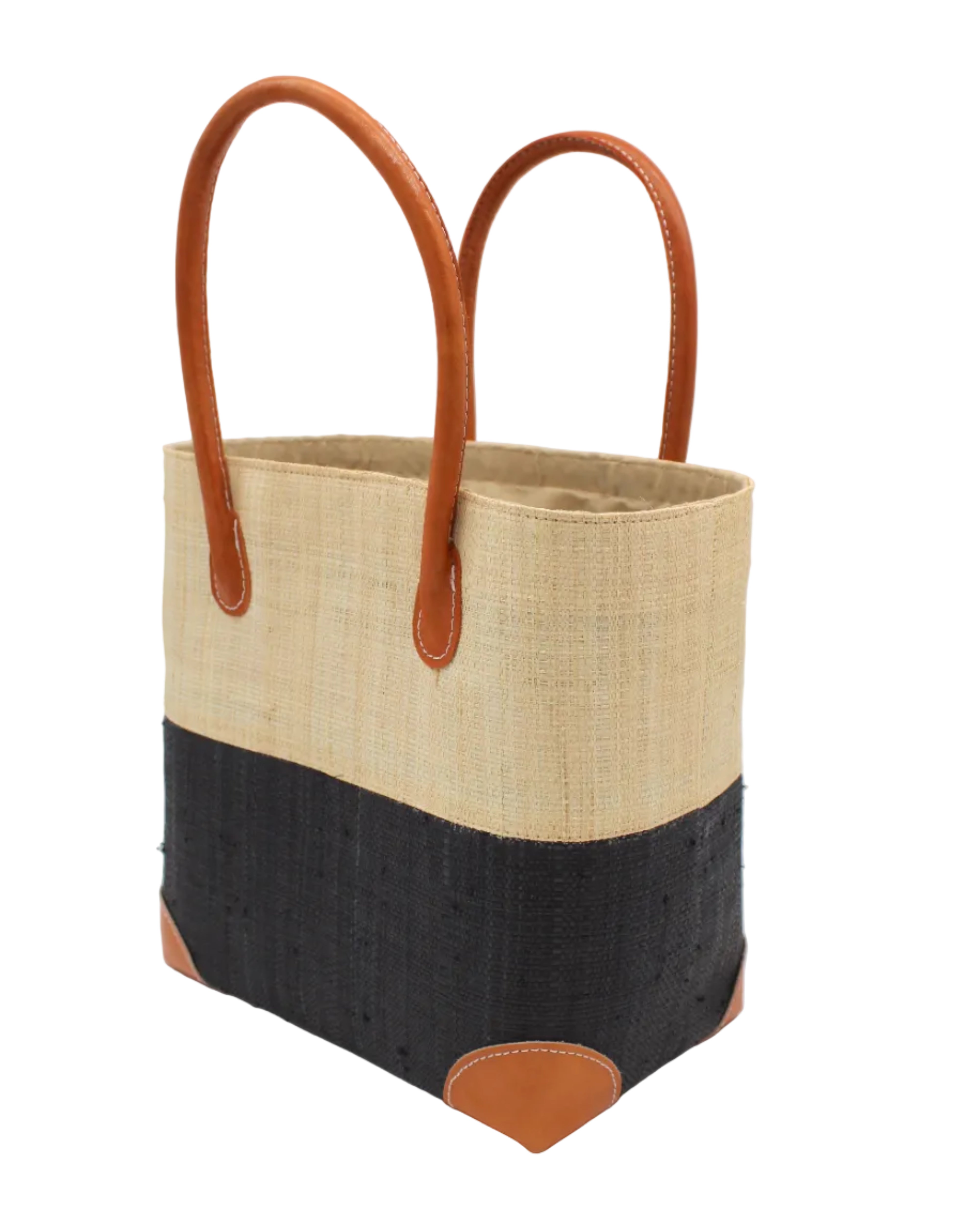 Trinidad Natural and Black Two Tone Straw Basket Bag handmade loomed raffia palm fiber in a two tone color block pattern with black on the bottom half and natural straw color on the top half of the bag with leather handles and accents beach bag tote purse - Shebobo