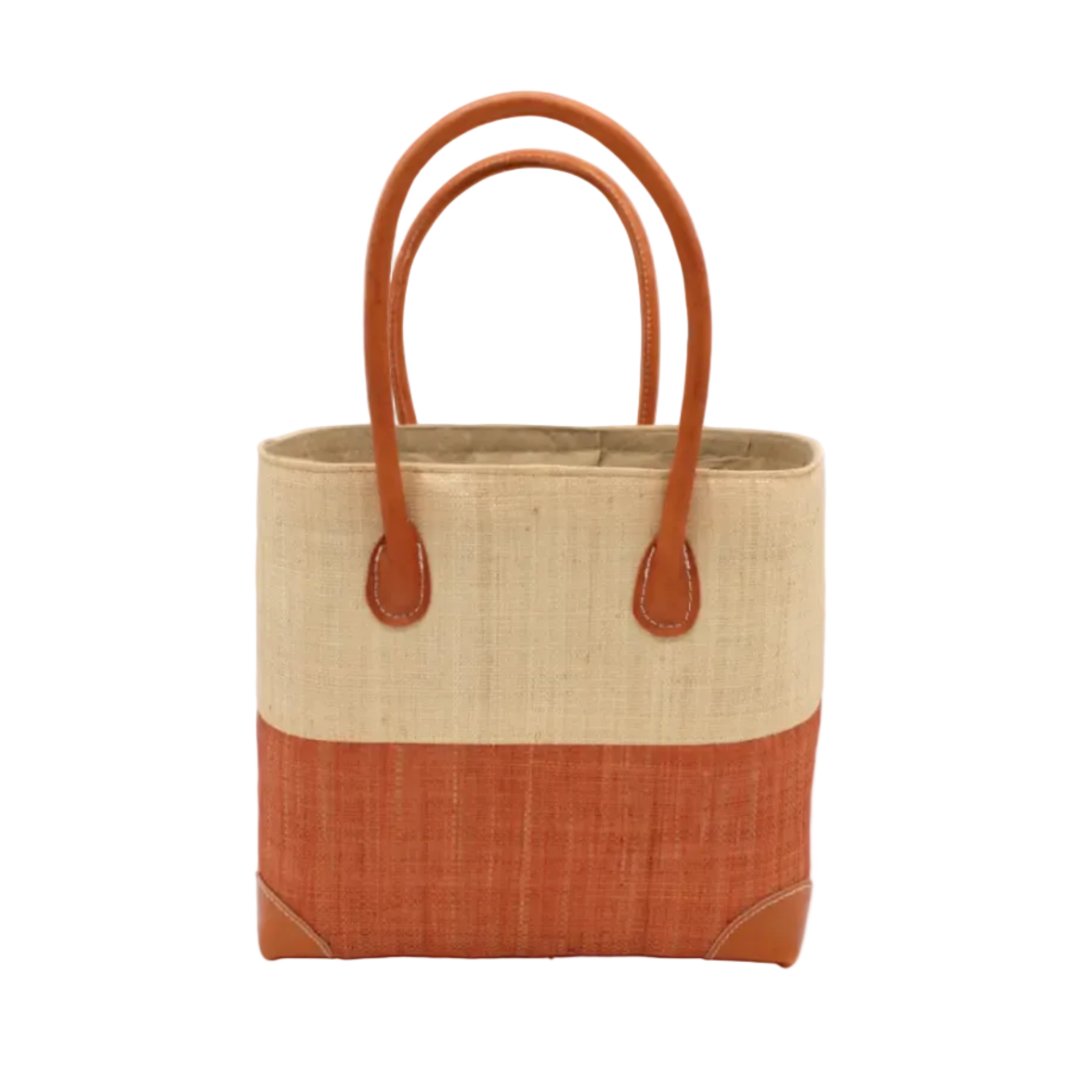 Trinidad Natural and Blush Two Tone Straw Basket Bag handmade loomed raffia palm fiber in a two tone color block pattern with blush light/orange/pink on the bottom half and natural straw color on the top half of the bag with leather handles and accents beach bag tote purse - Shebobo