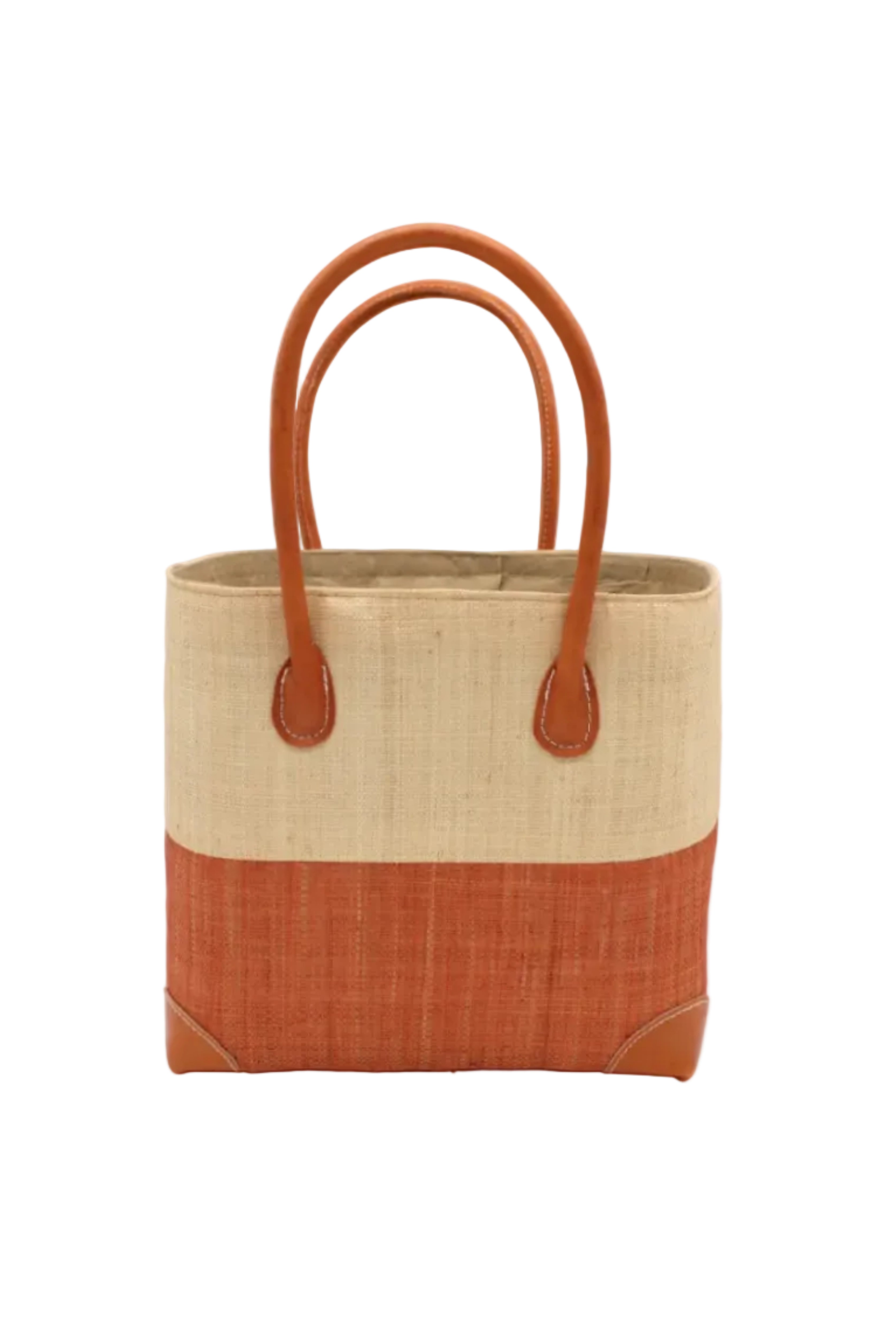 Trinidad Natural and Blush Two Tone Straw Basket Bag handmade loomed raffia palm fiber in a two tone color block pattern with blush light/orange/pink on the bottom half and natural straw color on the top half of the bag with leather handles and accents beach bag tote purse - Shebobo