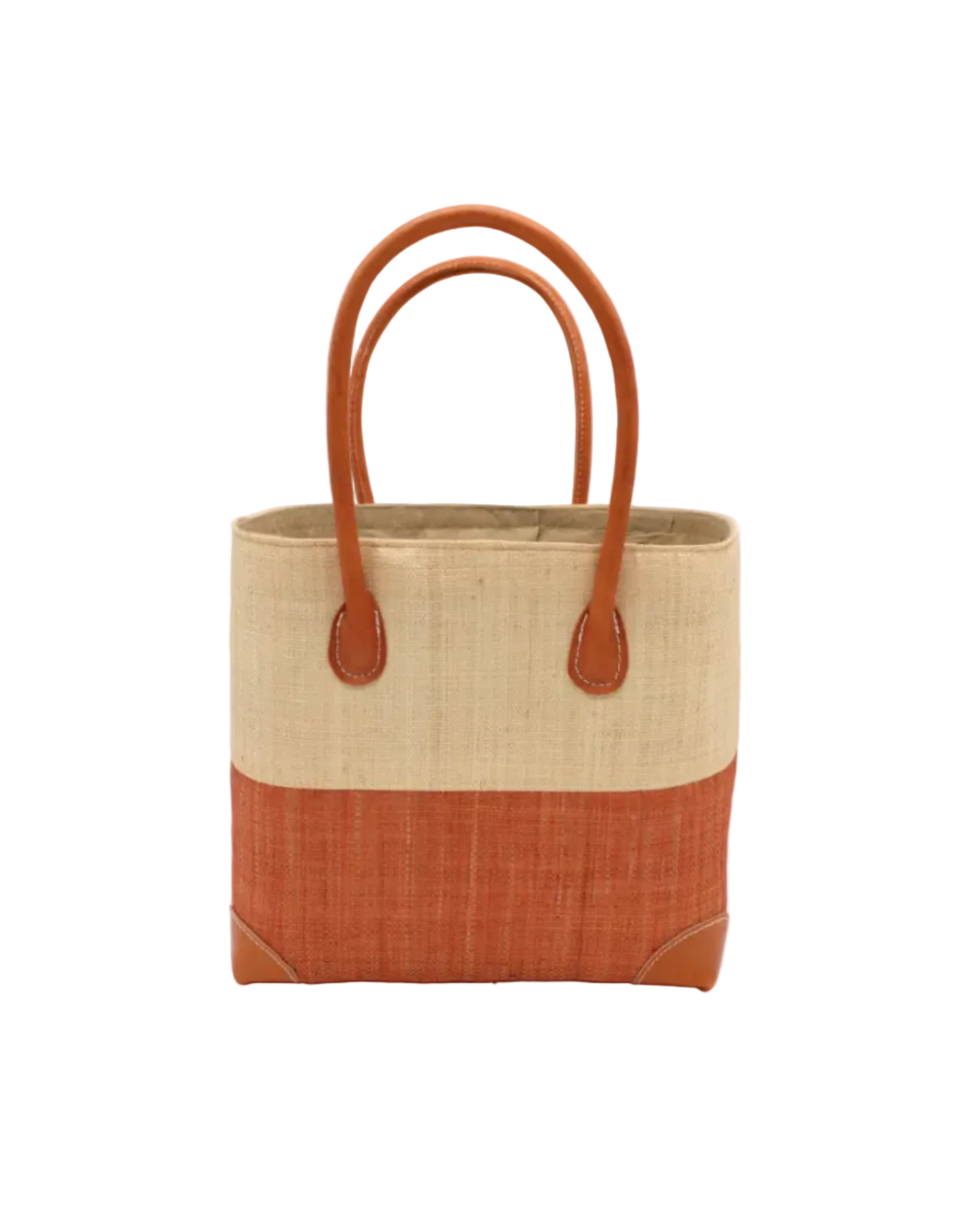 Trinidad Natural and Blush Two Tone Straw Basket Bag handmade loomed raffia palm fiber in a two tone color block pattern with blush light/orange/pink on the bottom half and natural straw color on the top half of the bag with leather handles and accents beach bag tote purse - Shebobo