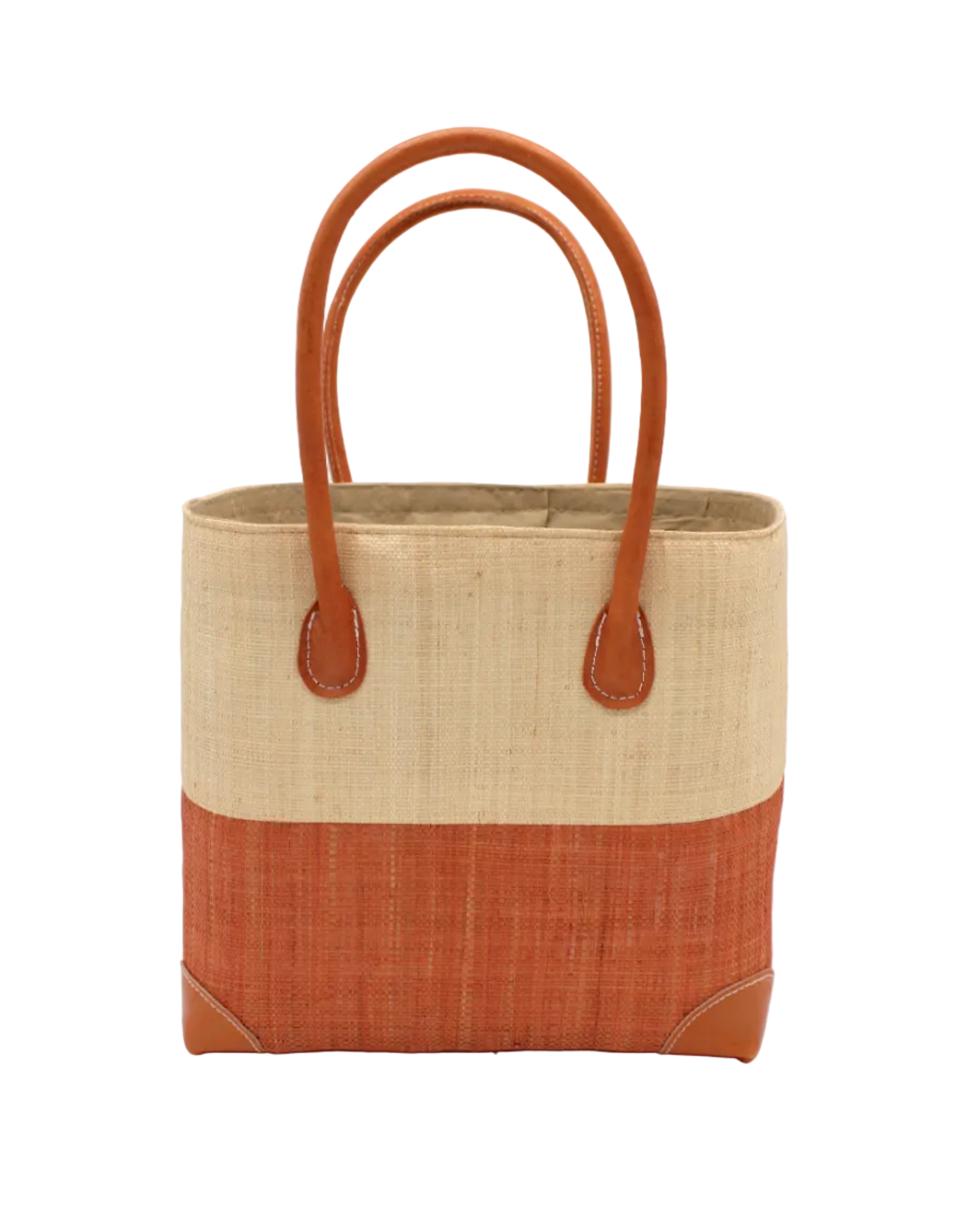 Trinidad Natural and Blush Two Tone Straw Basket Bag handmade loomed raffia palm fiber in a two tone color block pattern with blush light/orange/pink on the bottom half and natural straw color on the top half of the bag with leather handles and accents beach bag tote purse - Shebobo