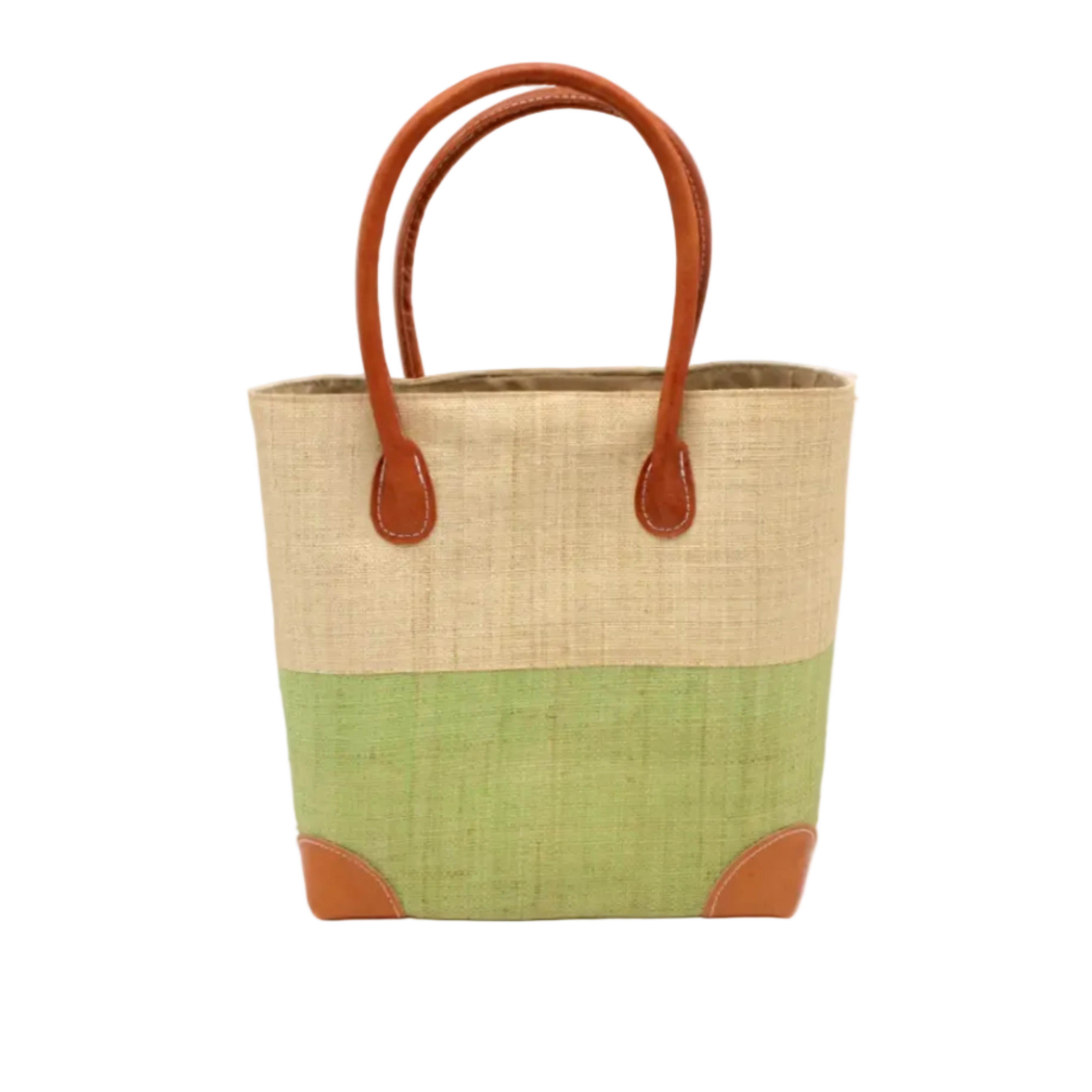 Trinidad Natural and Matcha Two Tone Straw Basket Bag handmade loomed raffia palm fiber in a two tone color block pattern with matcha meadow/light/green on the bottom half and natural straw color on the top half of the bag with leather handles and accents beach bag tote purse - Shebobo