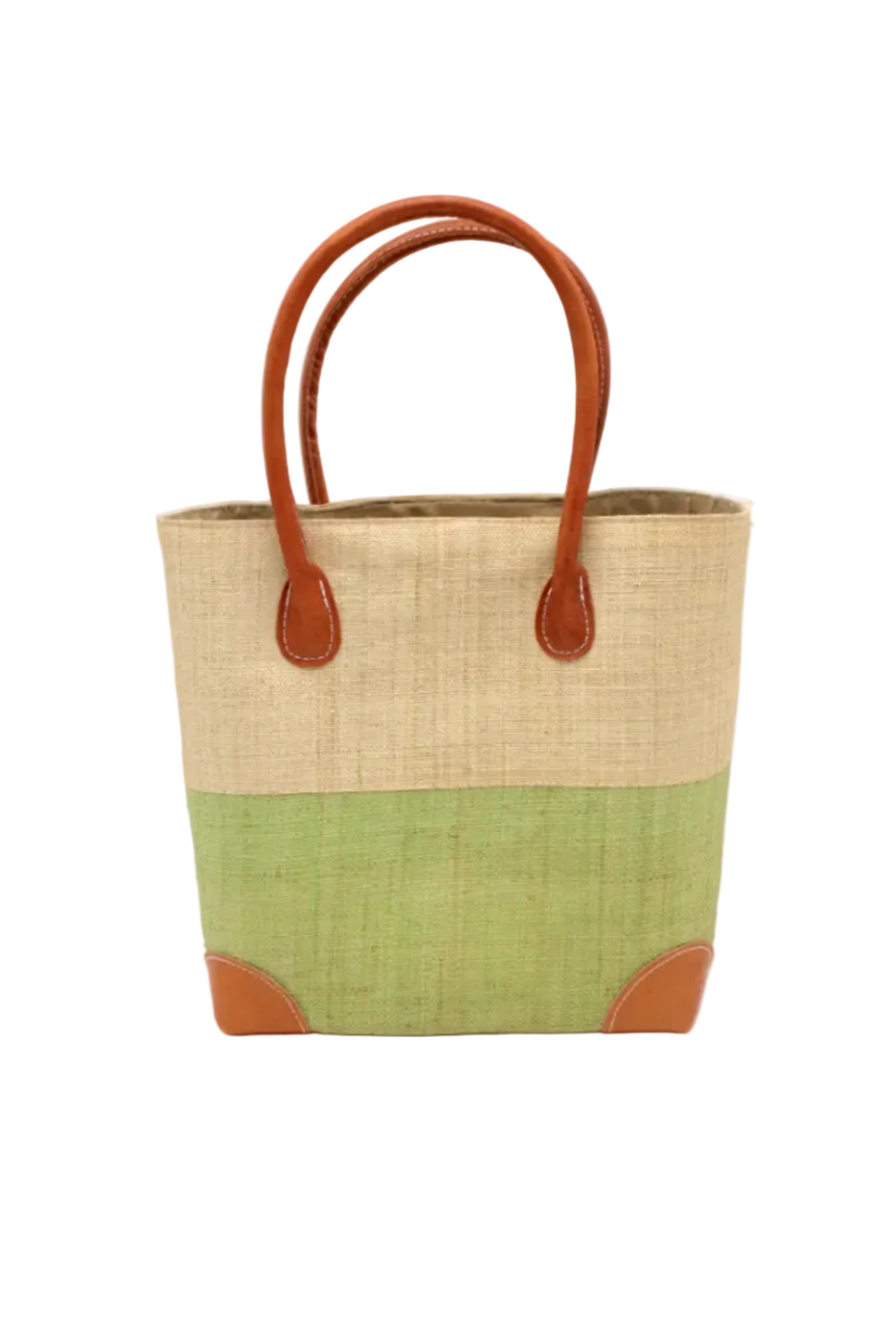 Trinidad Natural and Matcha Two Tone Straw Basket Bag handmade loomed raffia palm fiber in a two tone color block pattern with matcha meadow/light/green on the bottom half and natural straw color on the top half of the bag with leather handles and accents beach bag tote purse - Shebobo