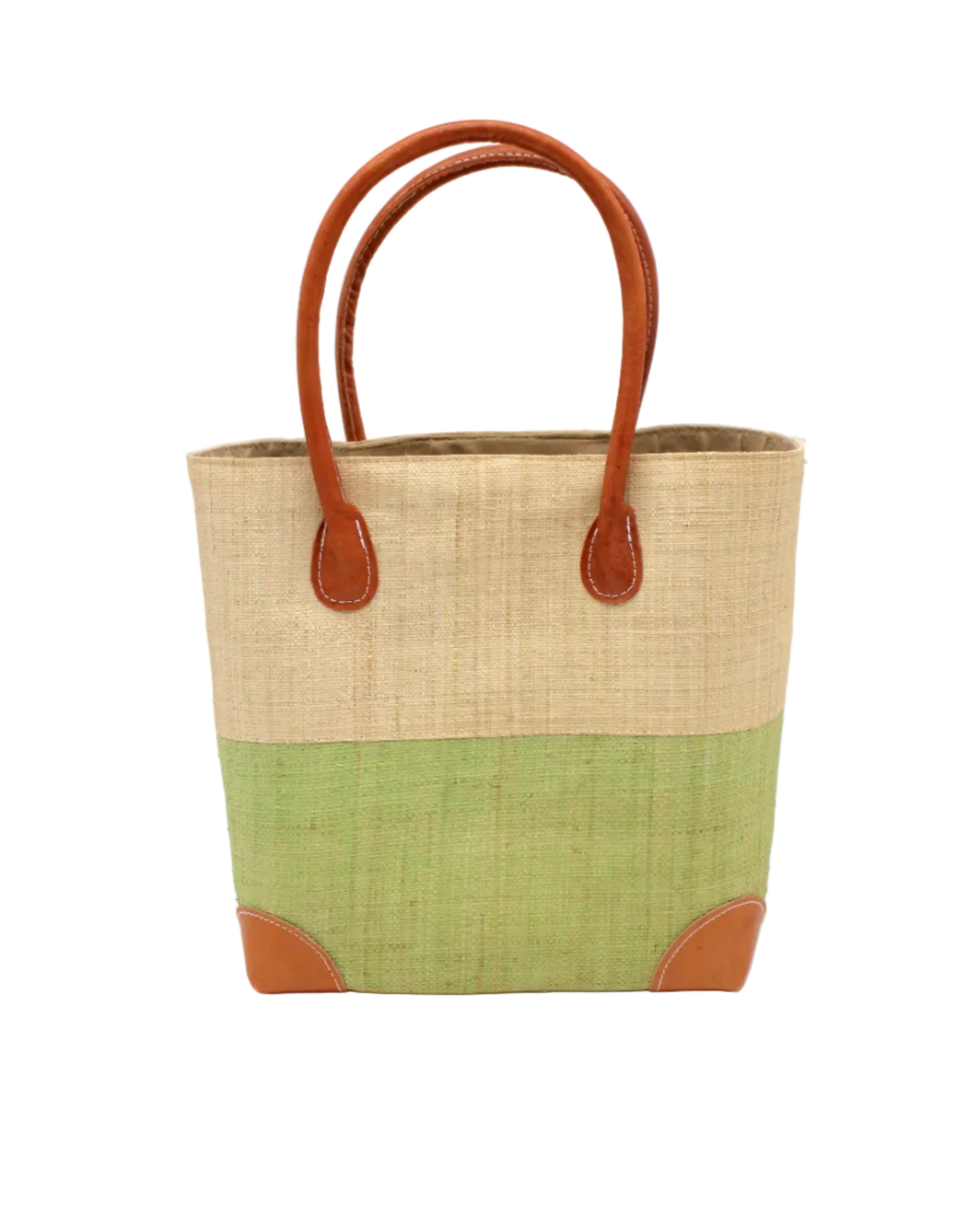 Trinidad Natural and Matcha Two Tone Straw Basket Bag handmade loomed raffia palm fiber in a two tone color block pattern with matcha meadow/light/green on the bottom half and natural straw color on the top half of the bag with leather handles and accents beach bag tote purse - Shebobo