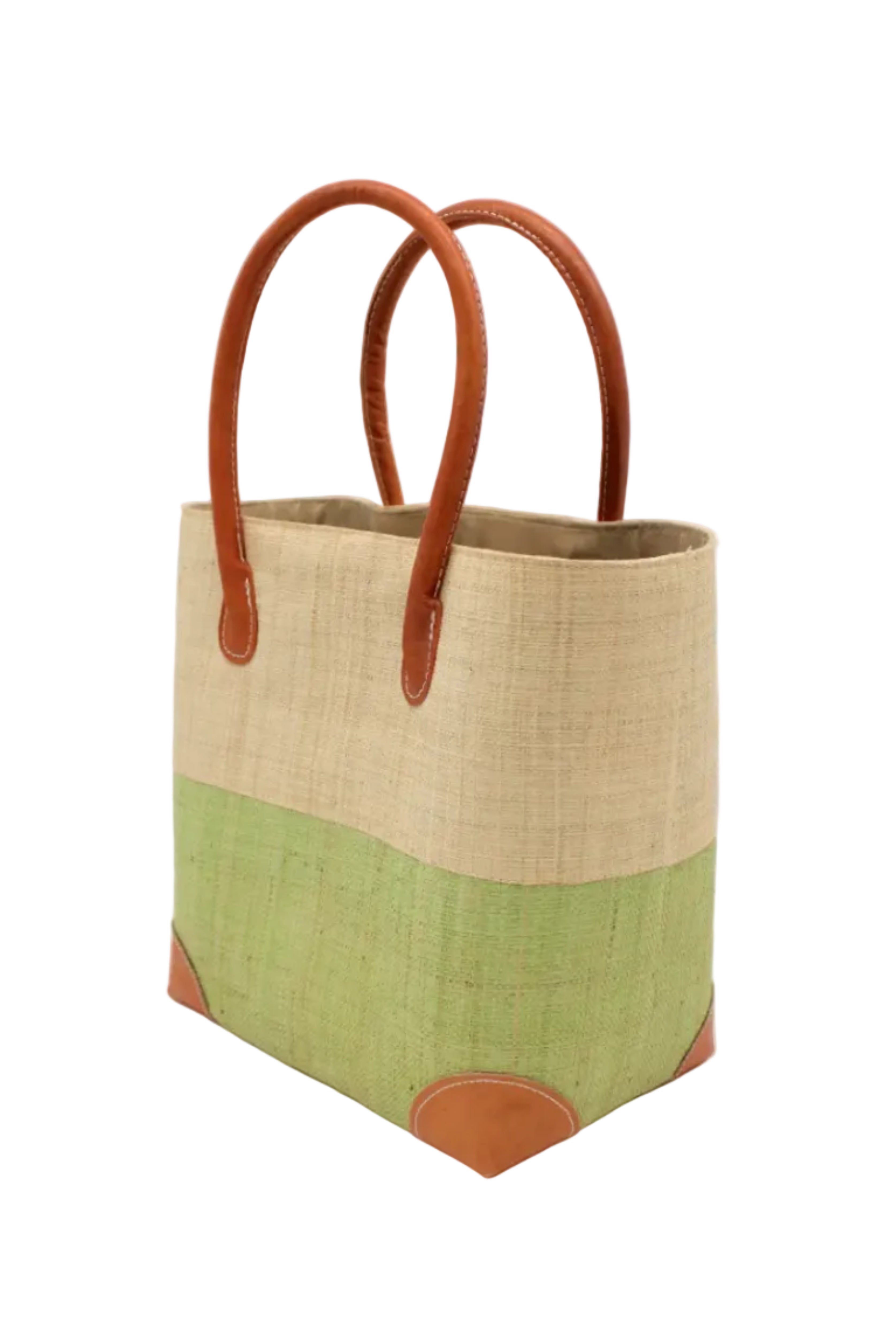 Side view Trinidad Natural and Matcha Two Tone Straw Basket Bag handmade loomed raffia palm fiber in a two tone color block pattern with matcha meadow/light/green on the bottom half and natural straw color on the top half of the bag with leather handles and accents beach bag tote purse - Shebobo