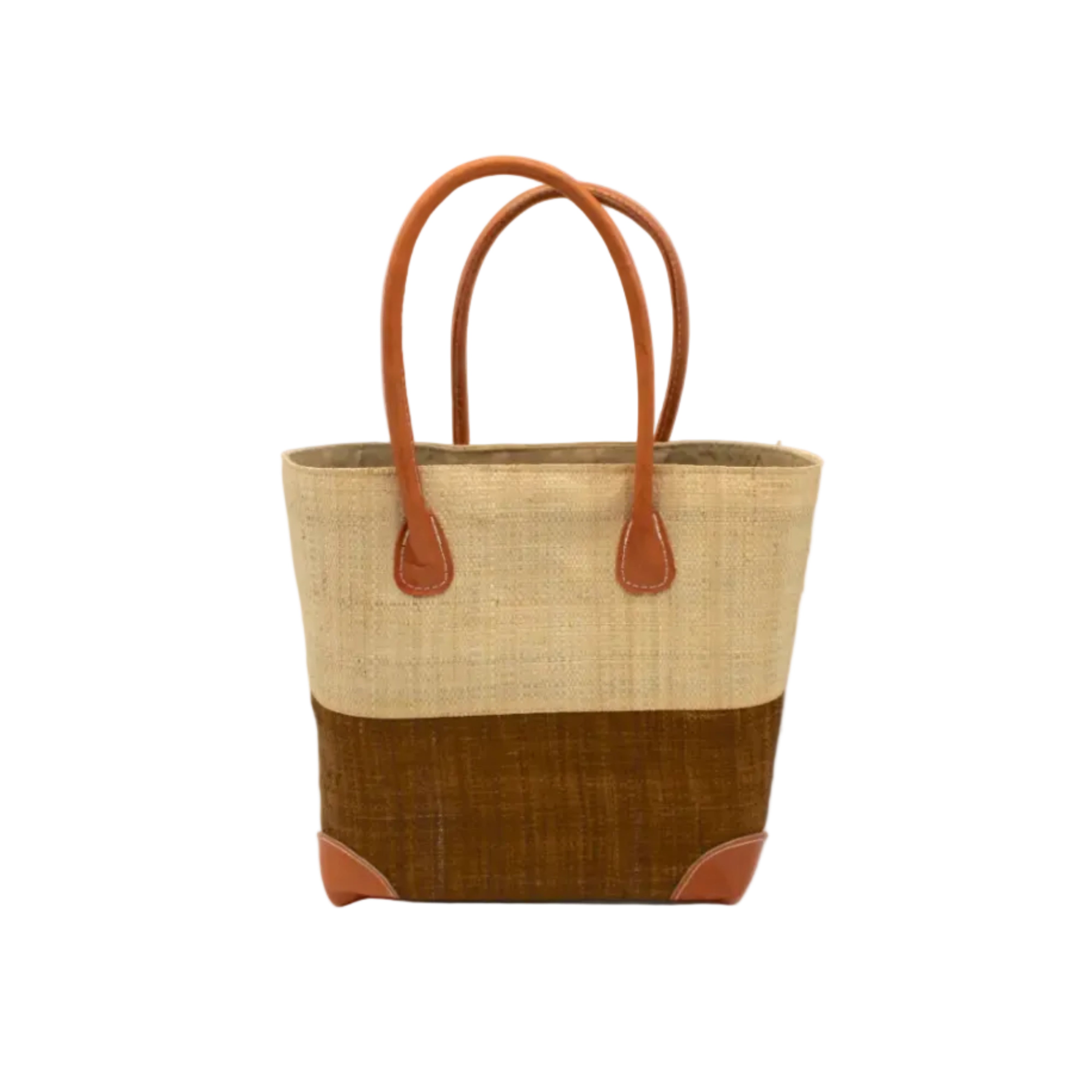 Trinidad Natural and Tobacco Two Tone Straw Basket Bag handmade loomed raffia palm fiber in a two tone color block pattern with tobacco cinnamon/dark/brown on the bottom half and natural straw color on the top half of the bag with leather handles and accents beach bag tote purse - Shebobo