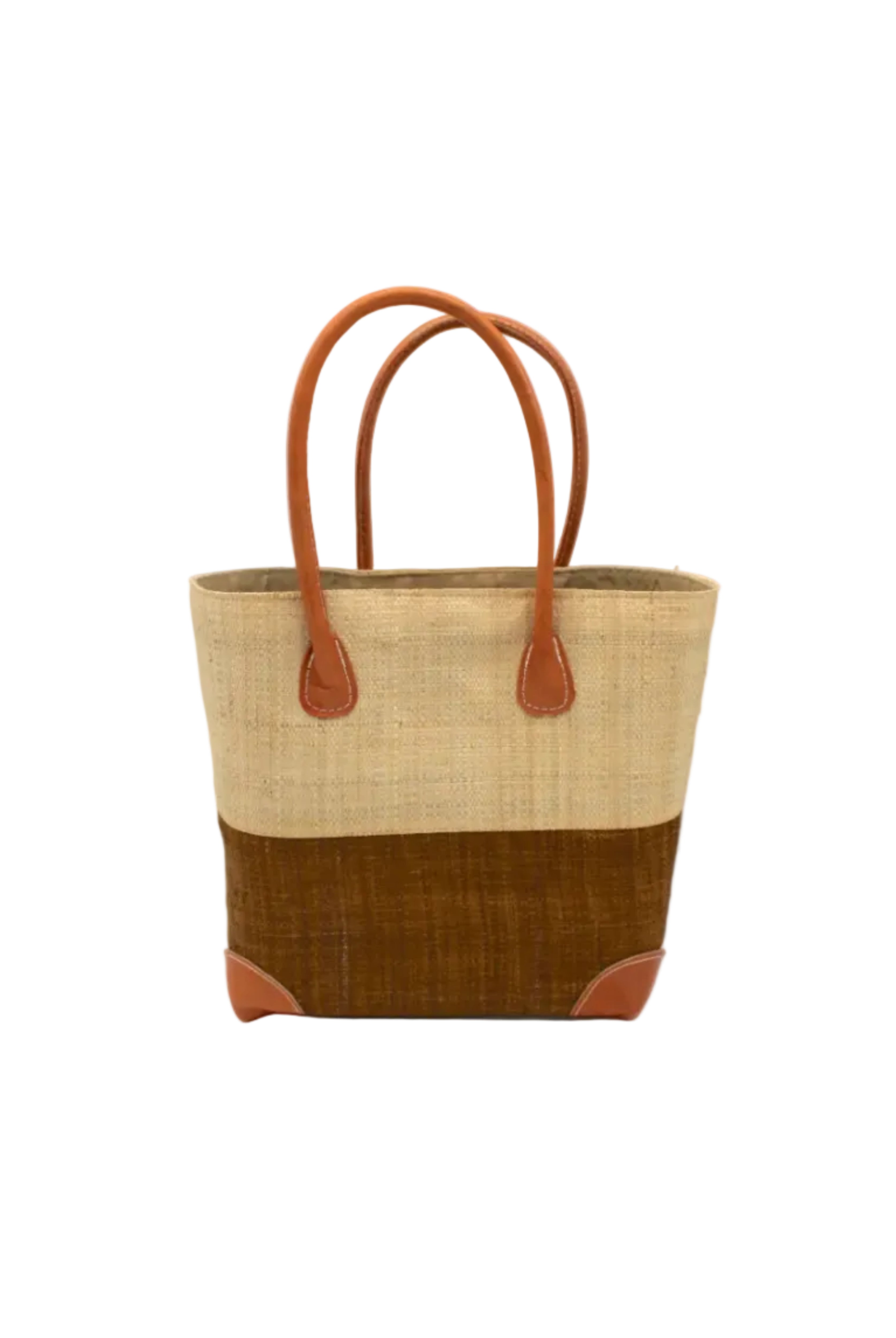 Trinidad Natural and Tobacco Two Tone Straw Basket Bag handmade loomed raffia palm fiber in a two tone color block pattern with tobacco cinnamon/dark/brown on the bottom half and natural straw color on the top half of the bag with leather handles and accents beach bag tote purse - Shebobo