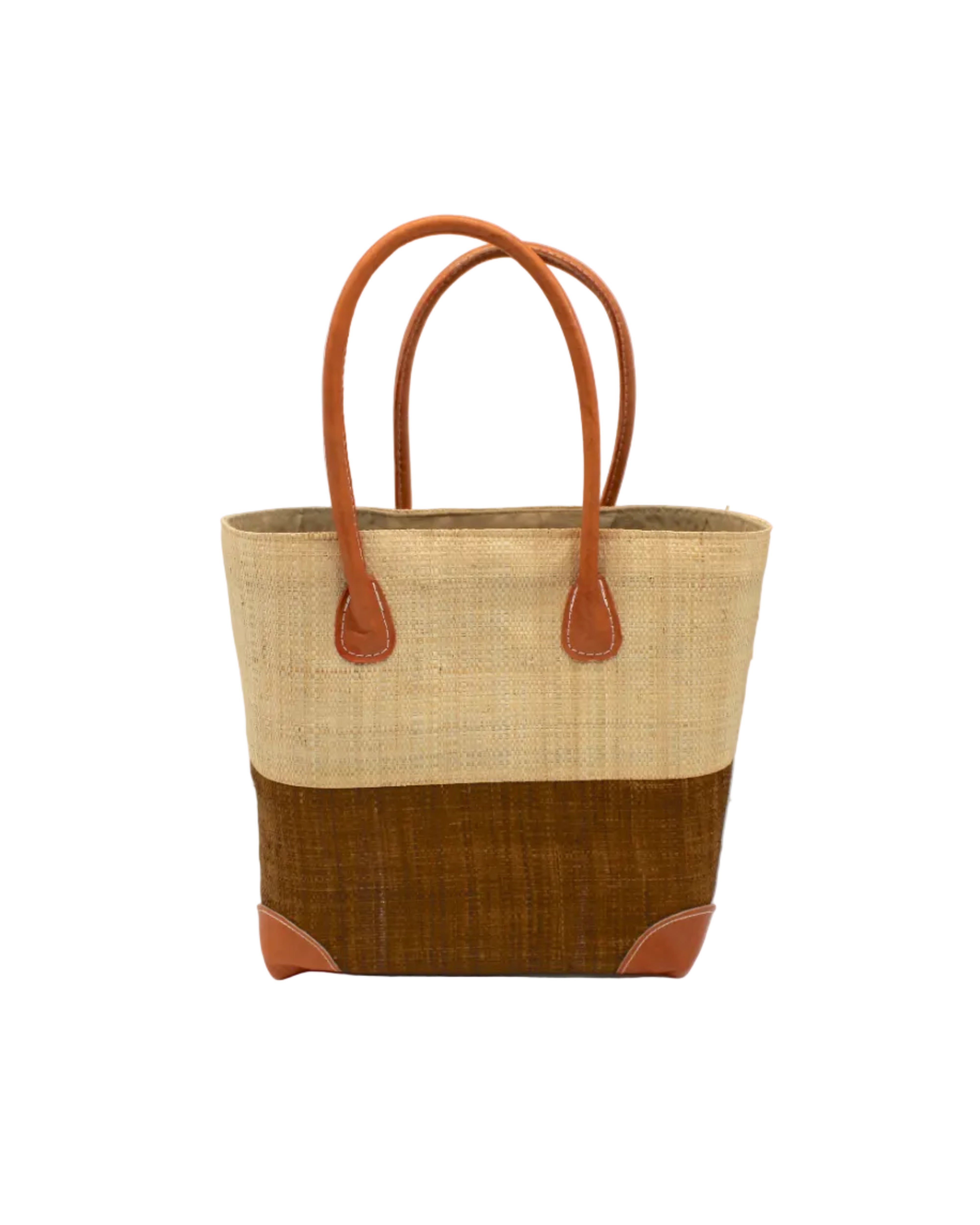 Trinidad Natural and Tobacco Two Tone Straw Basket Bag handmade loomed raffia palm fiber in a two tone color block pattern with tobacco cinnamon/dark/brown on the bottom half and natural straw color on the top half of the bag with leather handles and accents beach bag tote purse - Shebobo