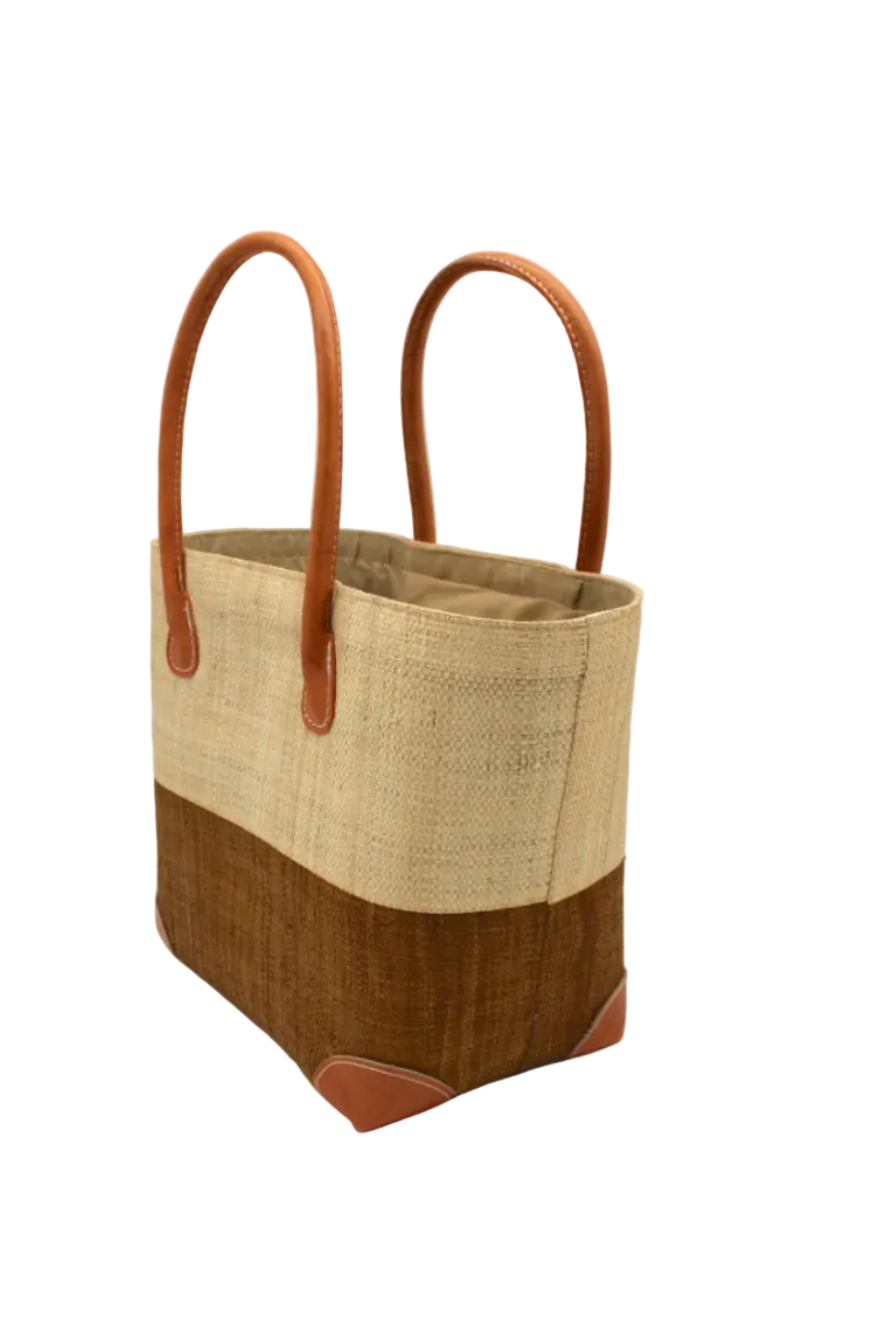 Side view Trinidad Natural and Tobacco Two Tone Straw Basket Bag handmade loomed raffia palm fiber in a two tone color block pattern with tobacco cinnamon/dark/brown on the bottom half and natural straw color on the top half of the bag with leather handles and accents beach bag tote purse - Shebobo