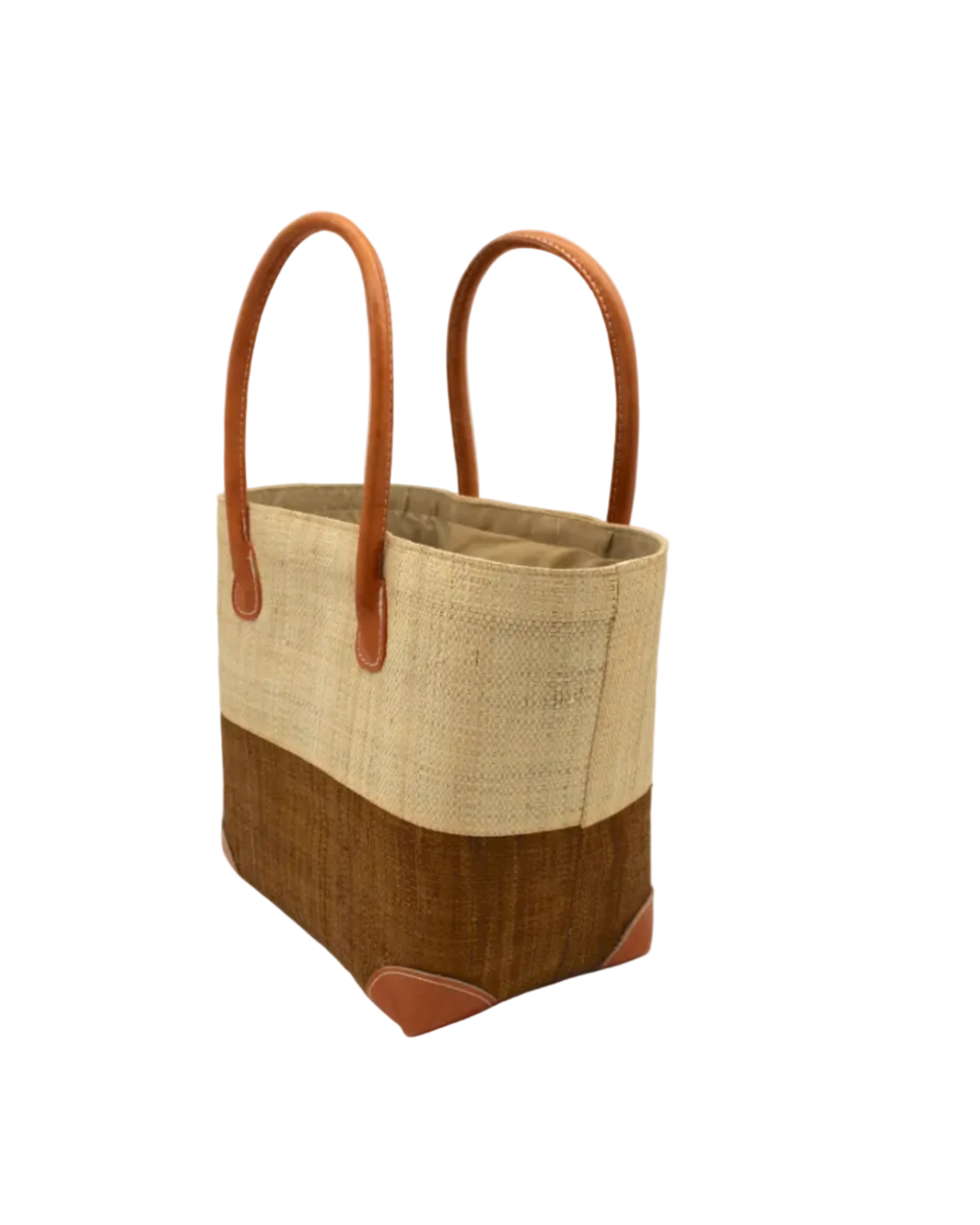 Side view Trinidad Natural and Tobacco Two Tone Straw Basket Bag handmade loomed raffia palm fiber in a two tone color block pattern with tobacco cinnamon/dark/brown on the bottom half and natural straw color on the top half of the bag with leather handles and accents beach bag tote purse - Shebobo