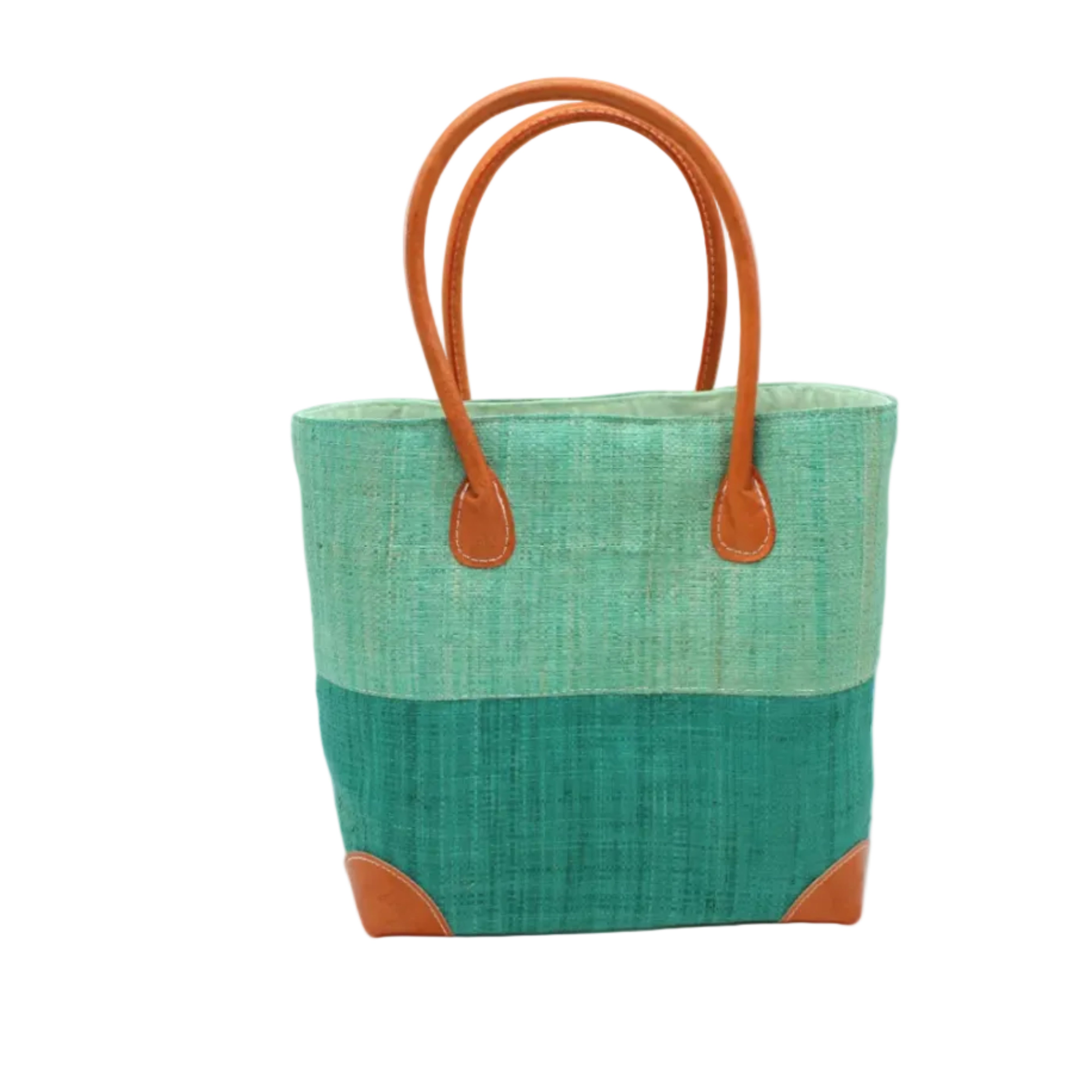 Trinidad Seafoam and Teal Two Tone Straw Basket Bag handmade loomed raffia palm fiber in a two tone color block pattern with teal dark/blue/green on the bottom half and seafoam light/blue/green on the top half of the bag with leather handles and accents beach bag tote purse - Shebobo