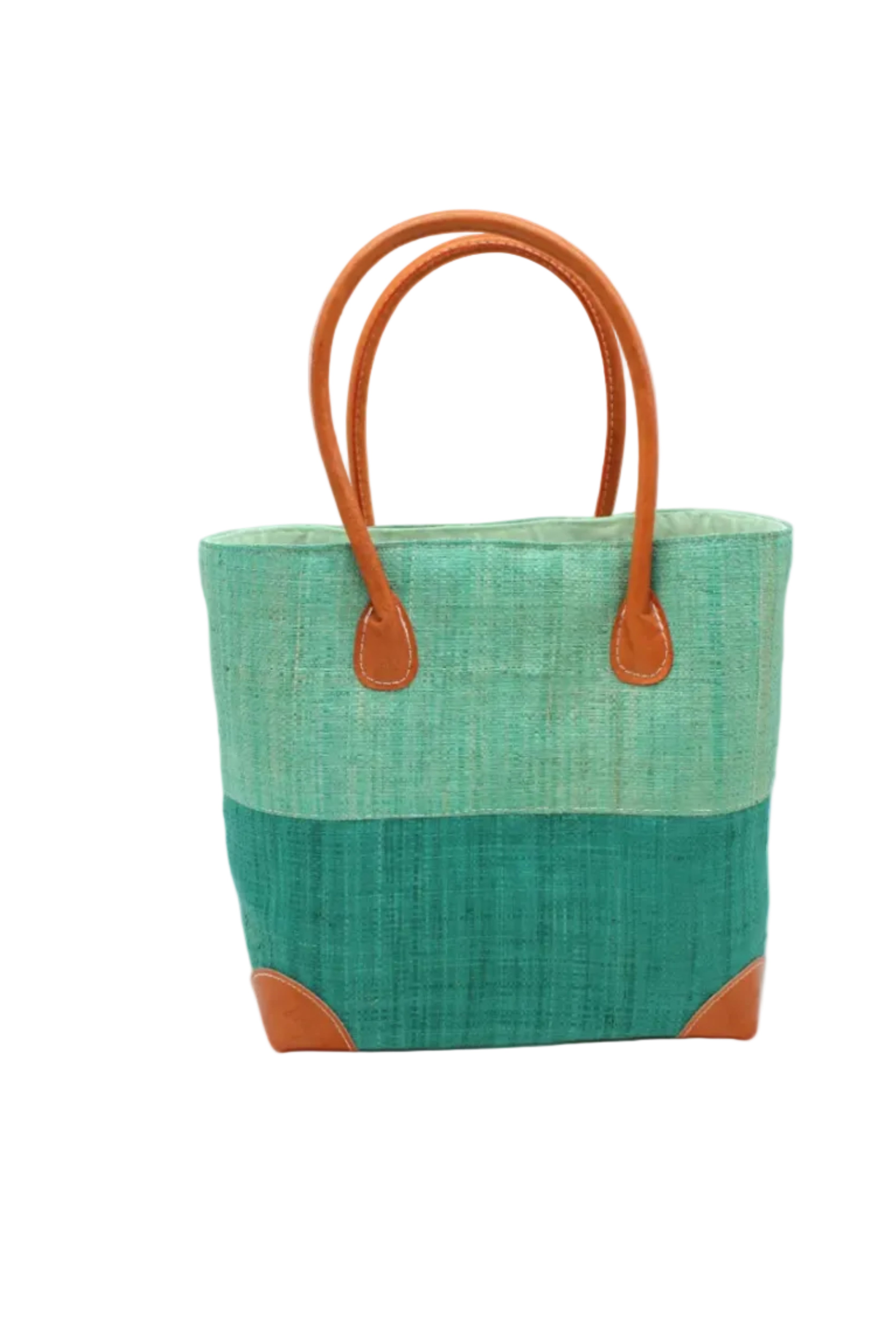 Trinidad Seafoam and Teal Two Tone Straw Basket Bag handmade loomed raffia palm fiber in a two tone color block pattern with teal dark/blue/green on the bottom half and seafoam light/blue/green on the top half of the bag with leather handles and accents beach bag tote purse - Shebobo
