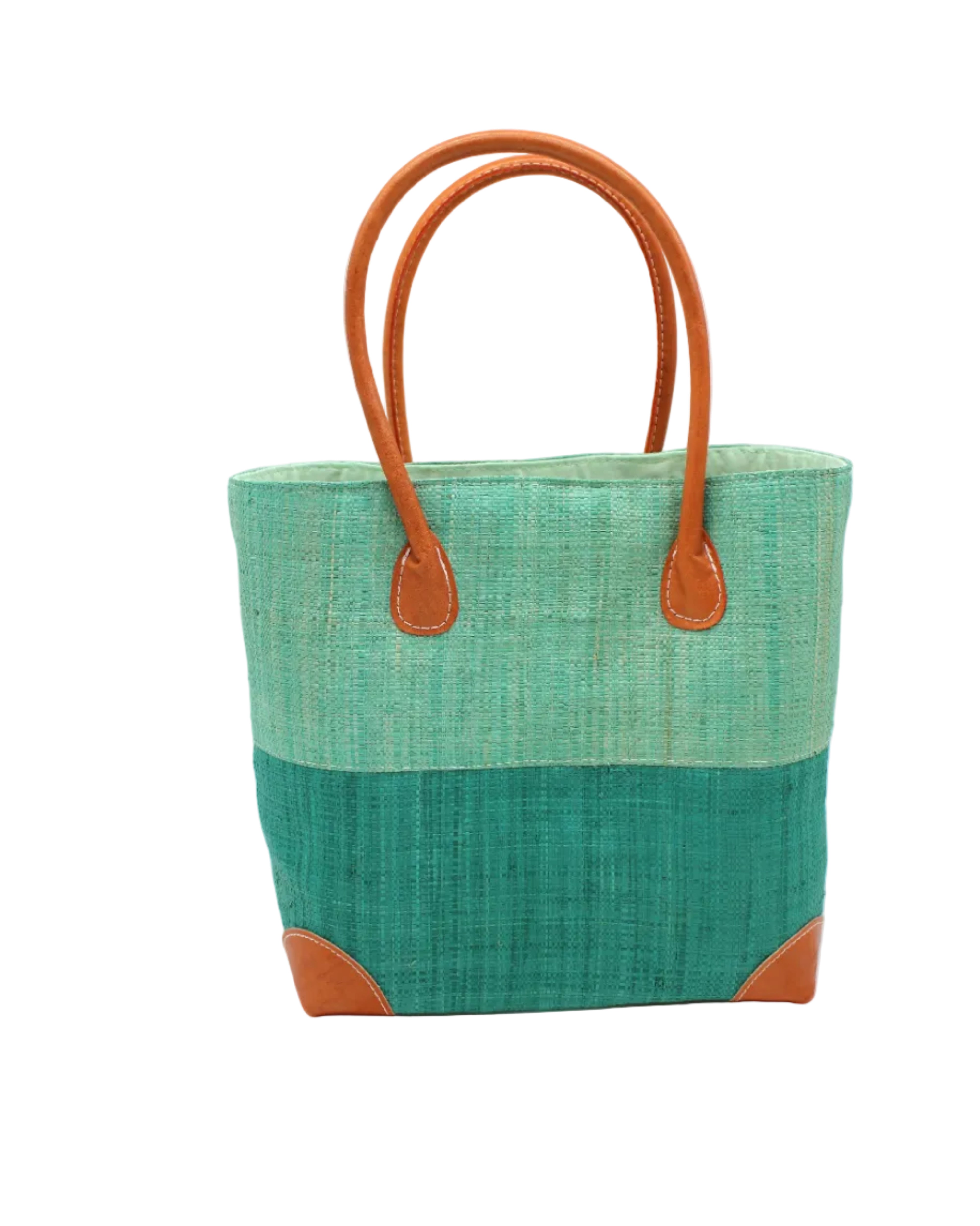 Trinidad Seafoam and Teal Two Tone Straw Basket Bag handmade loomed raffia palm fiber in a two tone color block pattern with teal dark/blue/green on the bottom half and seafoam light/blue/green on the top half of the bag with leather handles and accents beach bag tote purse - Shebobo
