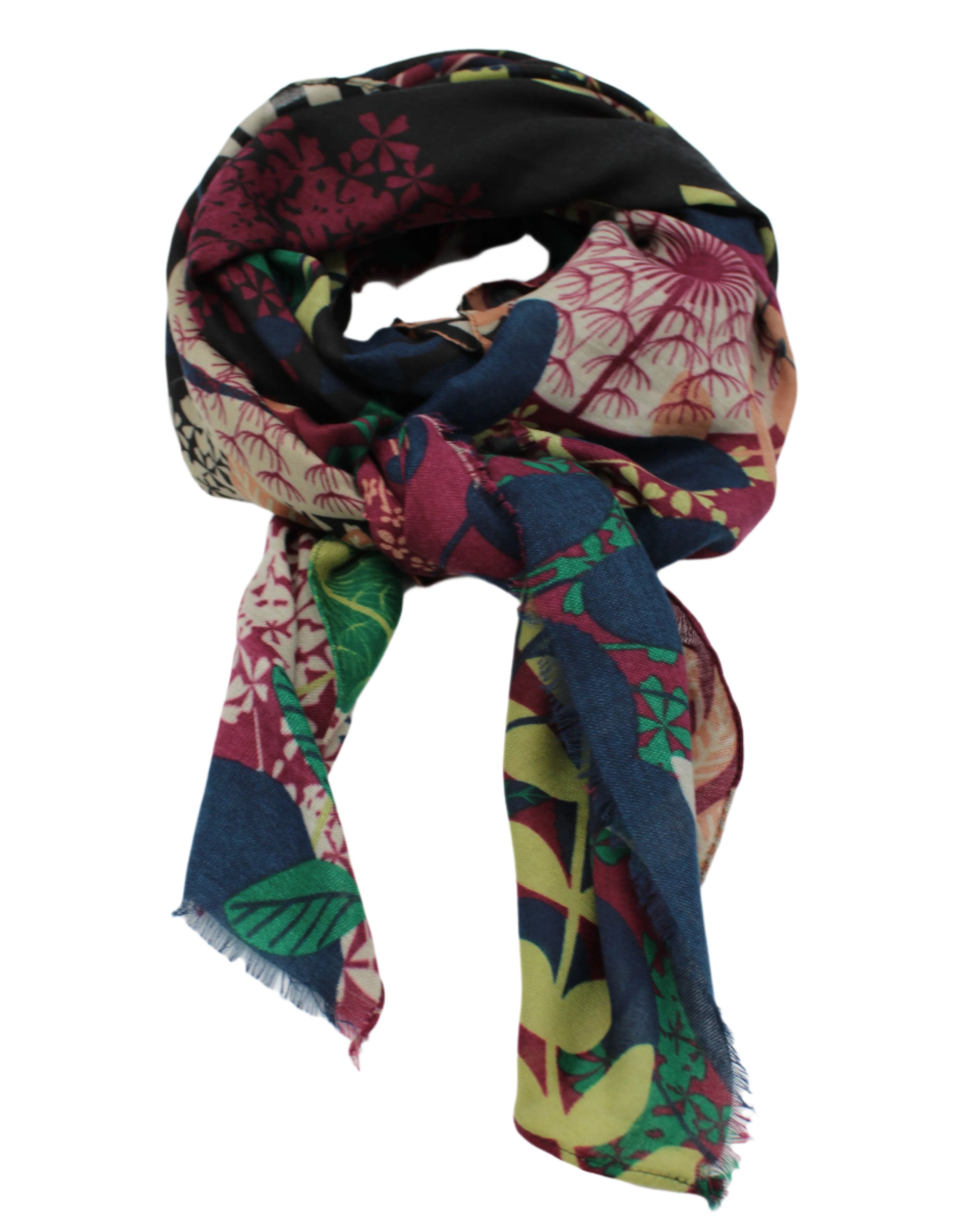 Tropical Forest Scarf Wrap Black & Wine Multicolor leaves and floral pattern with black, wine burgundy/red, kelly green, light green, blush orange/pink, beige, etc. - Shebobo