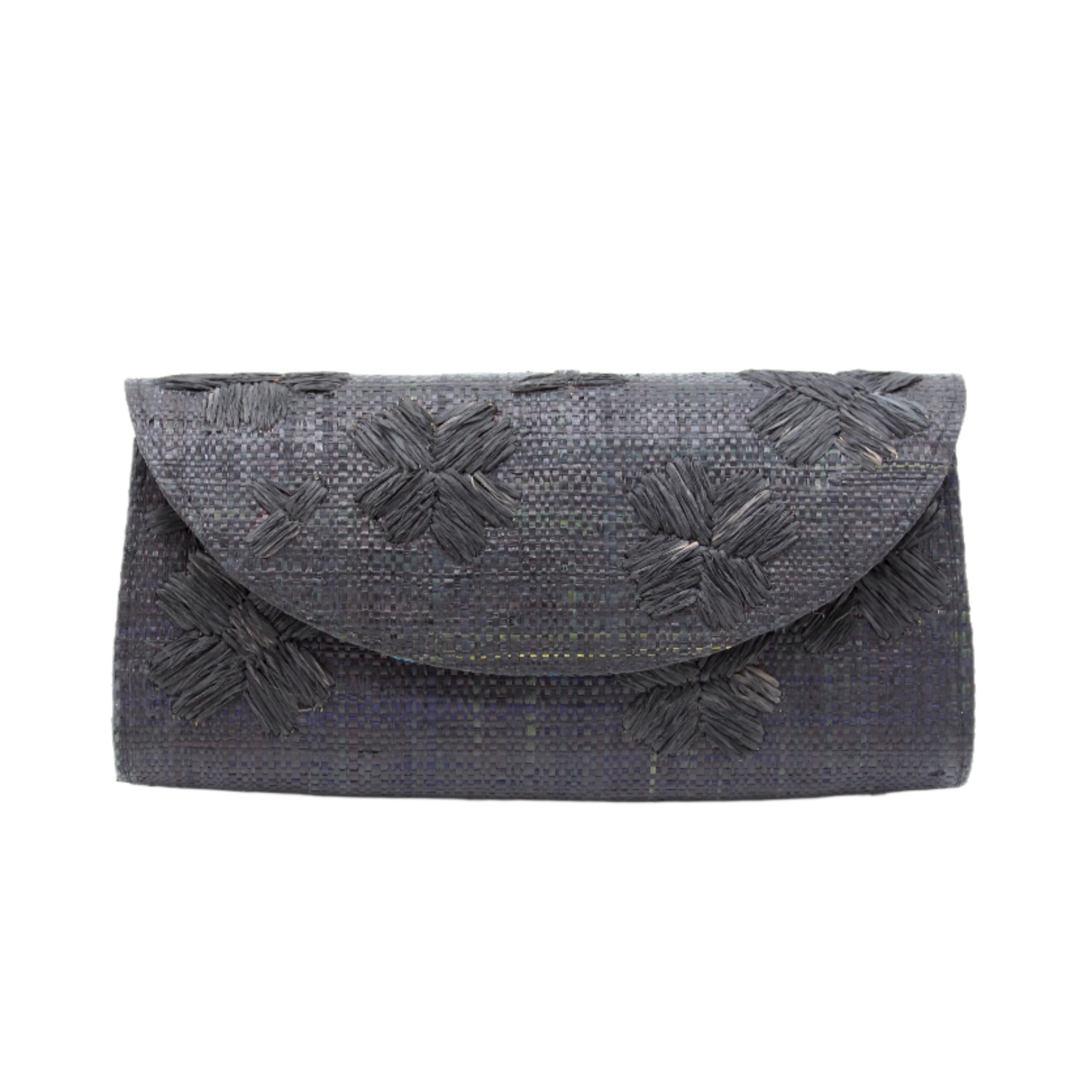 Tulum Clutch Black Flower Embroidery handmade loomed raffia palm fibers with envelope clutch shape, embroidered multi-sized embroidered flower pattern, and assorted interior wax cloth African Print liners plus zippered pocket - Shebobo