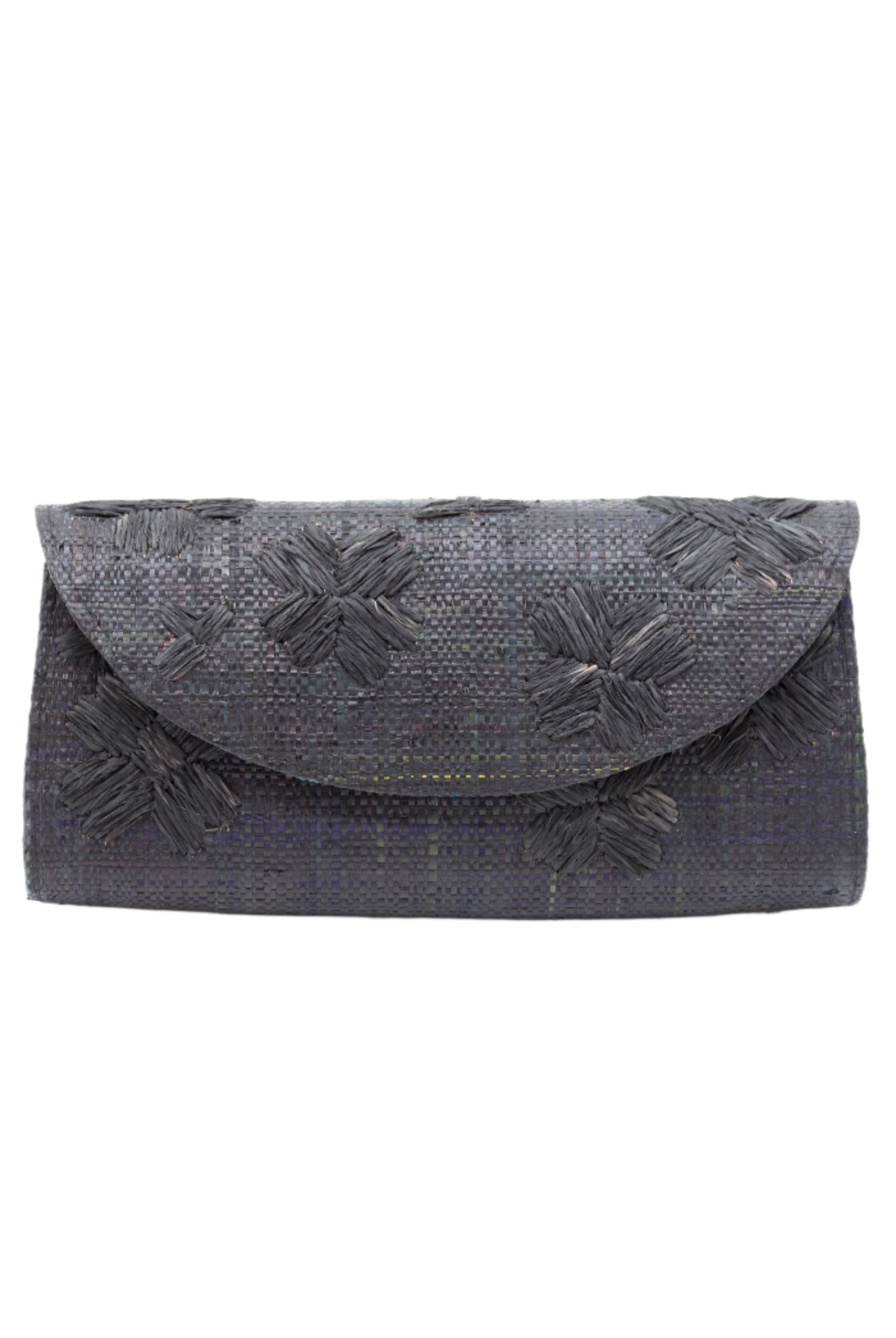 Tulum Clutch Black Flower Embroidery handmade loomed raffia palm fibers with envelope clutch shape, embroidered multi-sized embroidered flower pattern, and assorted interior wax cloth African Print liners plus zippered pocket - Shebobo
