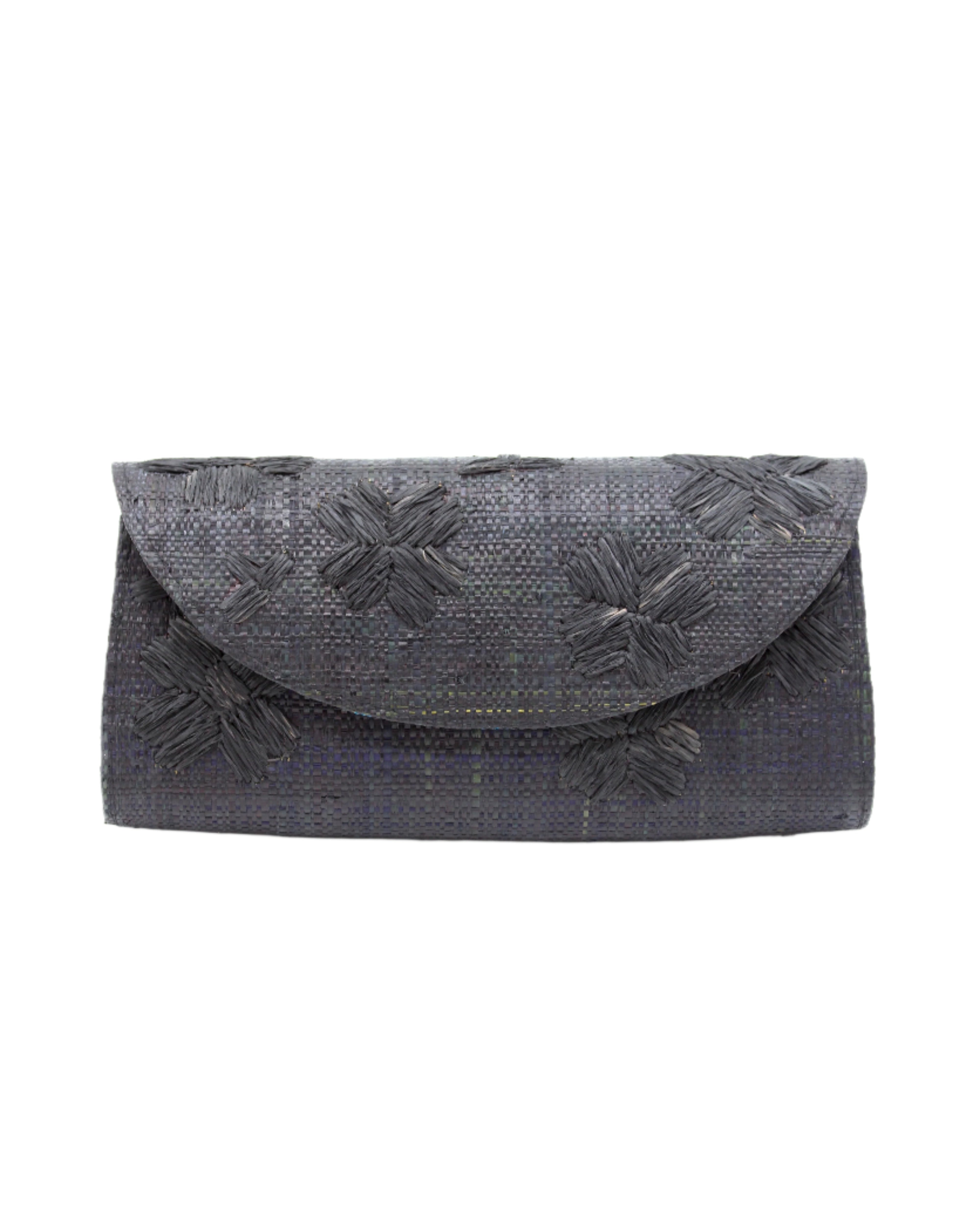 Tulum Clutch Black Flower Embroidery handmade loomed raffia palm fibers with envelope clutch shape, embroidered multi-sized embroidered flower pattern, and assorted interior wax cloth African Print liners plus zippered pocket - Shebobo