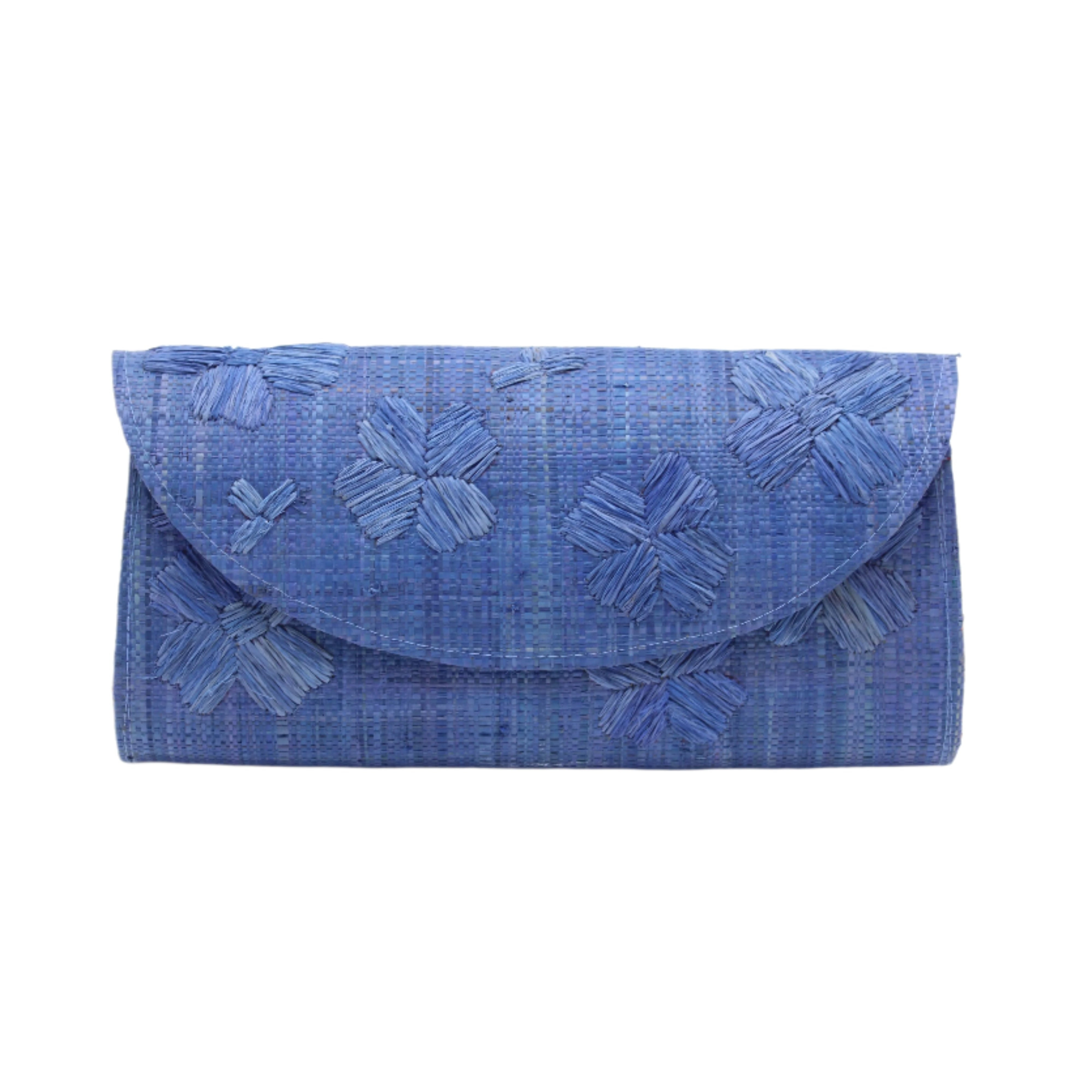 Tulum Clutch Denim retro/light/blue Flower Embroidery handmade loomed raffia palm fibers with envelope clutch shape, embroidered multi-sized embroidered flower pattern, and assorted interior wax cloth African Print liners plus zippered pocket - Shebobo