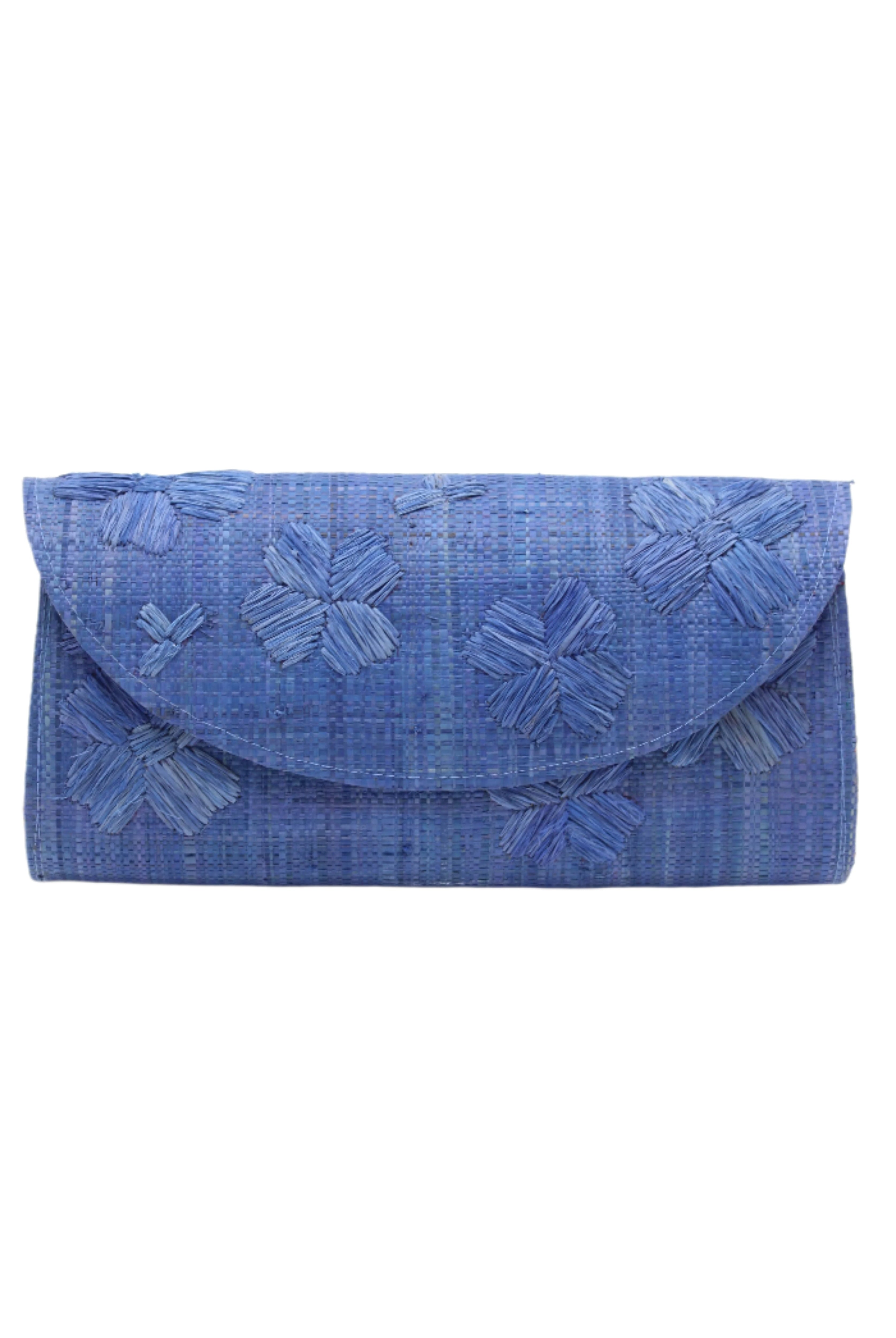 Tulum Clutch Denim retro/light/blue Flower Embroidery handmade loomed raffia palm fibers with envelope clutch shape, embroidered multi-sized embroidered flower pattern, and assorted interior wax cloth African Print liners plus zippered pocket - Shebobo