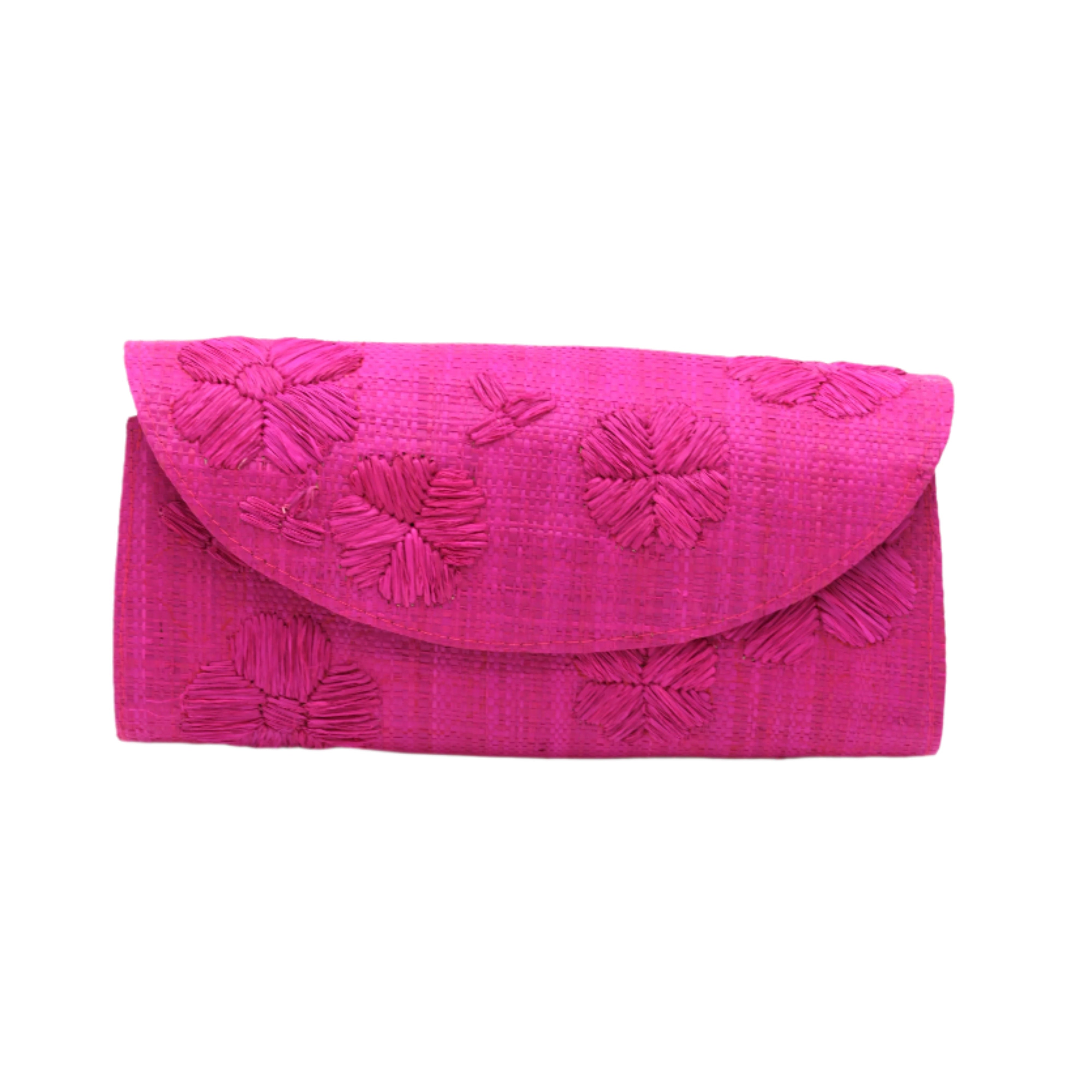 Tulum Clutch Fuchsia hot/bright/barbie/pink Flower Embroidery handmade loomed raffia palm fibers with envelope clutch shape, embroidered multi-sized embroidered flower pattern, and assorted interior wax cloth African Print liners plus zippered pocket - Shebobo